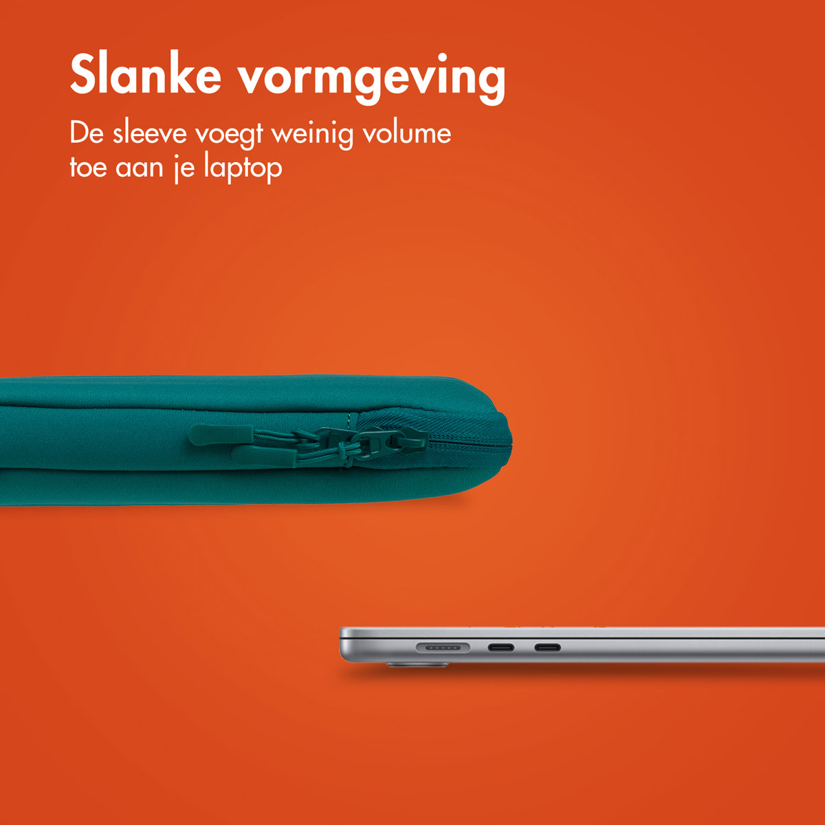 A teal laptop sleeve with a zipper and a laptop, set against an orange background.