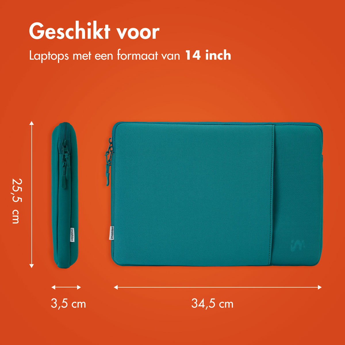 A teal laptop sleeve with dimensions displayed, on an orange background, showcasing a laptop.