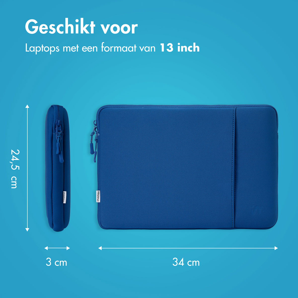 Blue laptop sleeve, side and front views. Dimensions: 24.5cm height, 34cm width, and 3cm depth. Blue background.