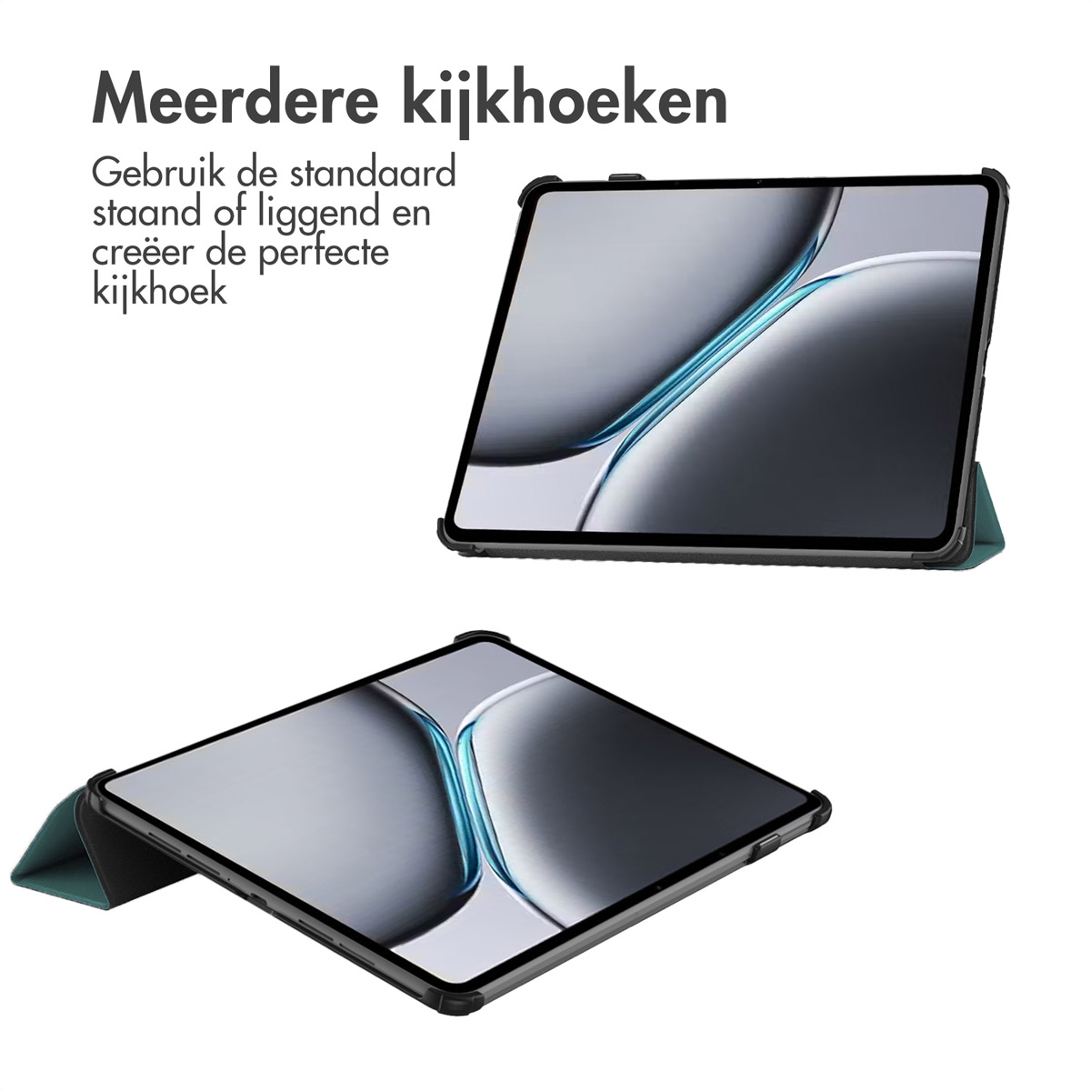 Tablet placed in a case, displayed at two different angles. The case is teal.