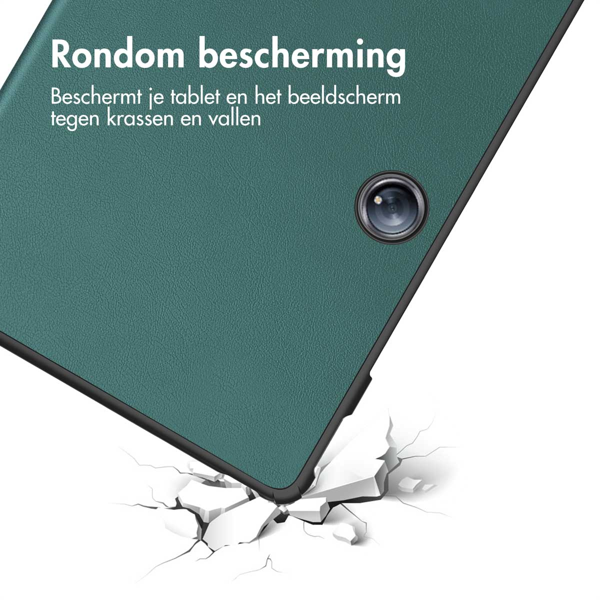 Tablet corner with a camera. The tablet is green, cracked surface below.