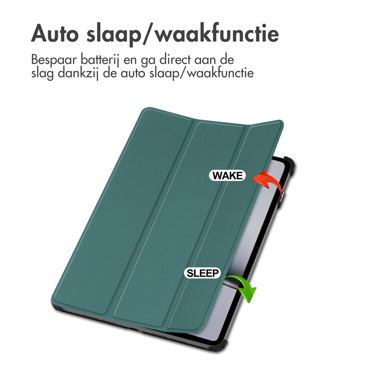 Green tablet case opened showing the tablet. Text says 'Wake' and 'Sleep'.