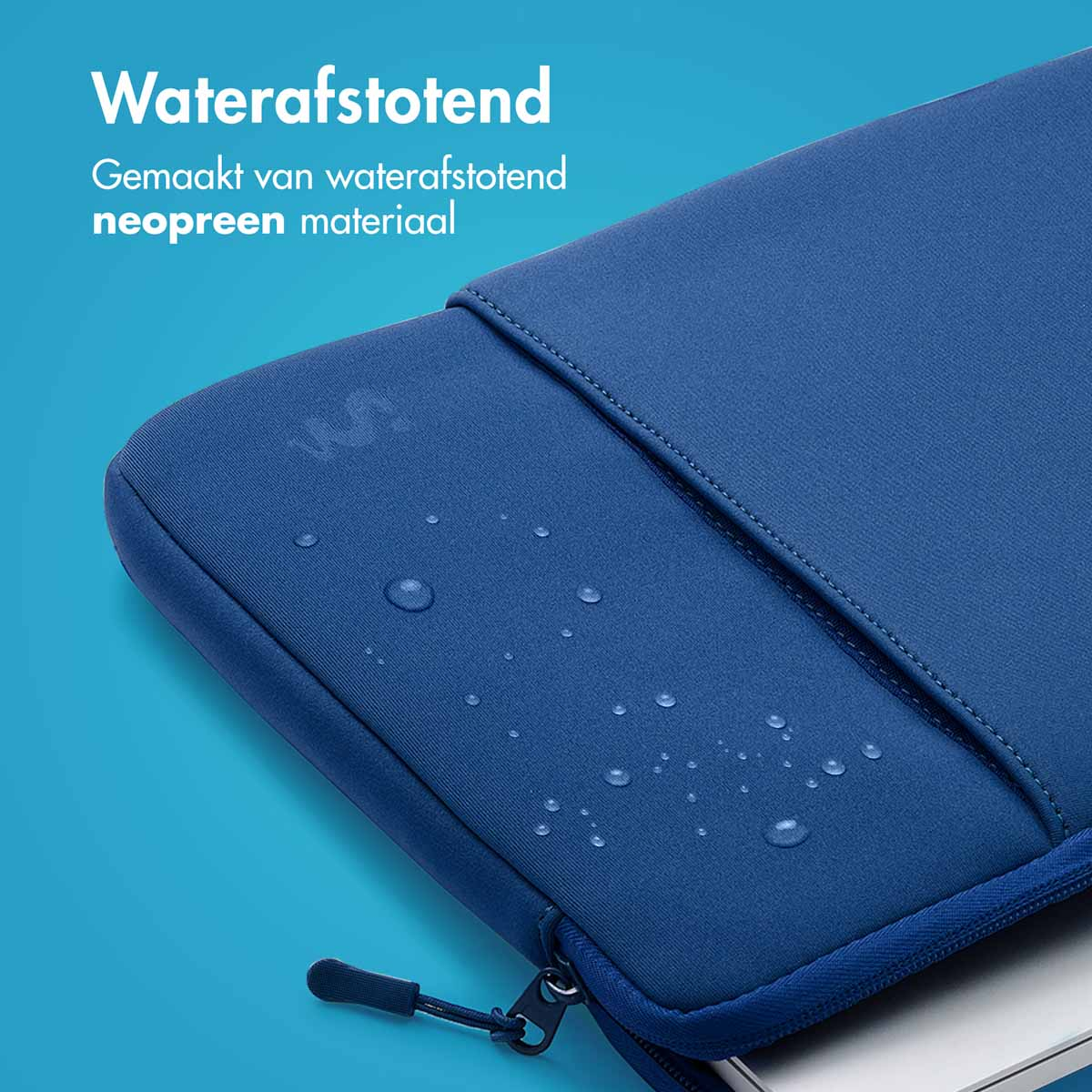 Blue laptop sleeve with water drops. Text: Water-repellent, made of neoprene material.