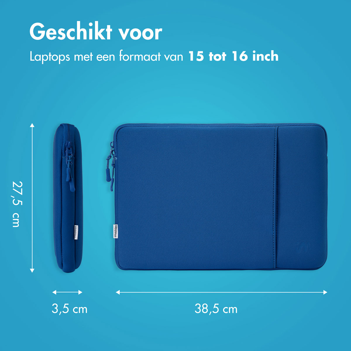 Blue laptop sleeve with dimensions and a label indicating suitability for 15-16 inch laptops.