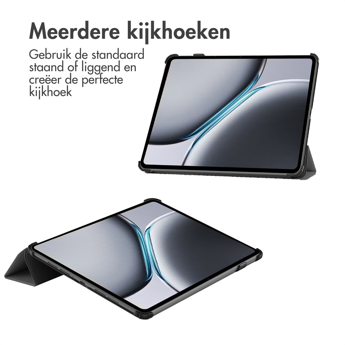 Black tablet in a cover, shown in two different angled positions.