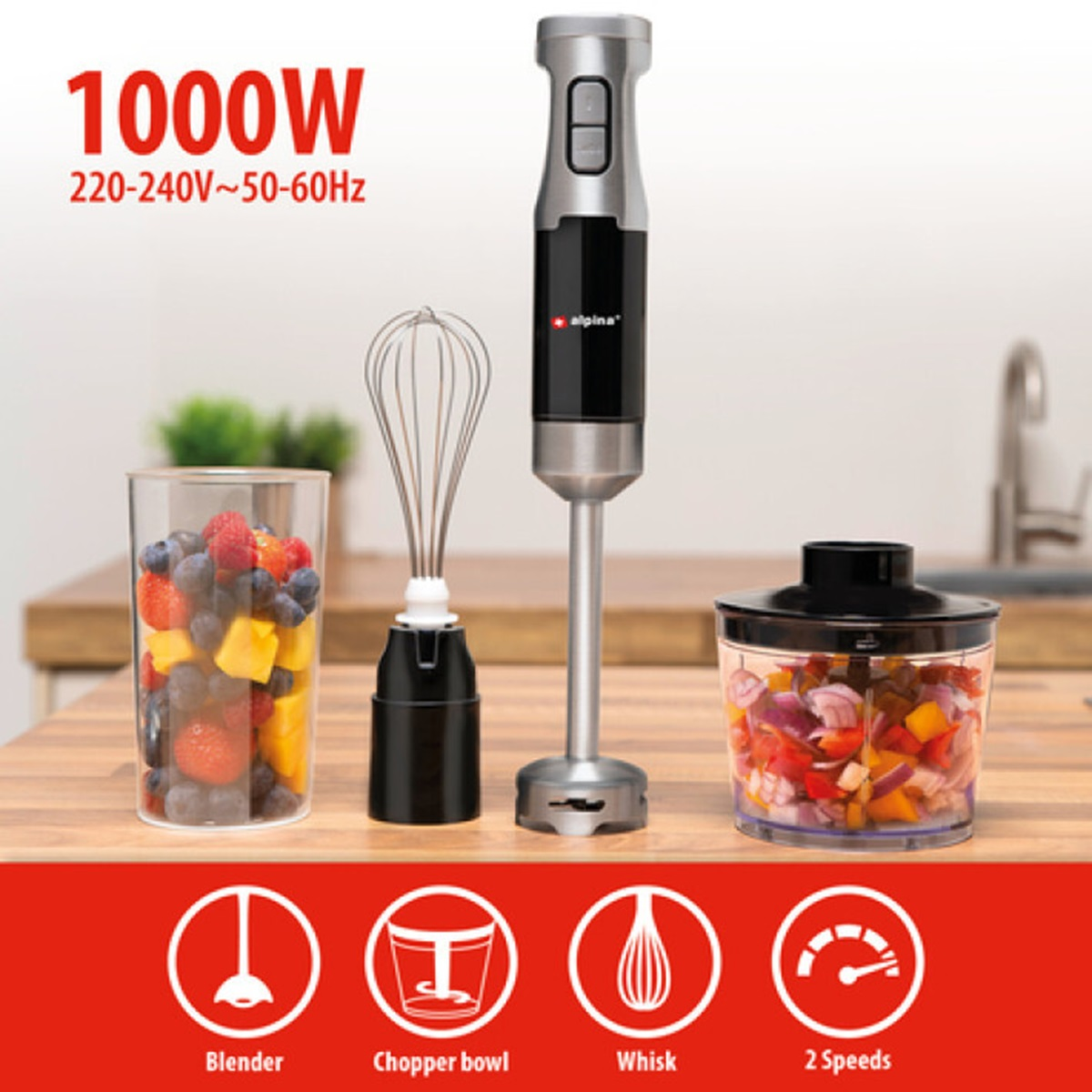 Staafmixer met opzetstukken en ingrediënten. Inclusief blender, garde, hakkom en snelheden.