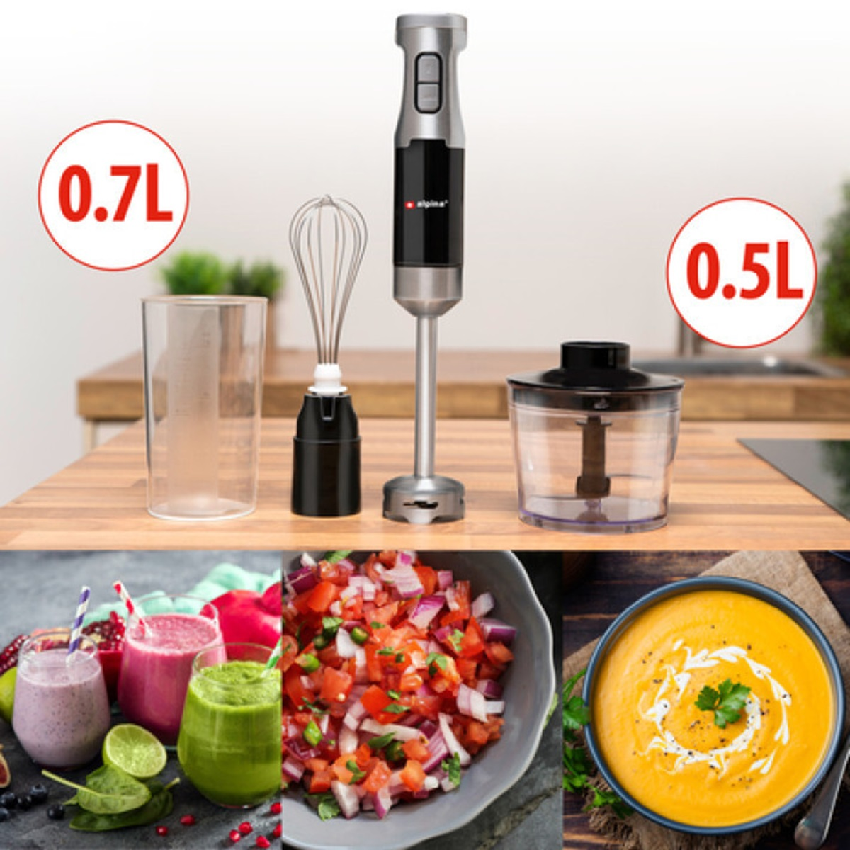 Blender met accessoires en diverse voedingsmiddelen en drankjes.