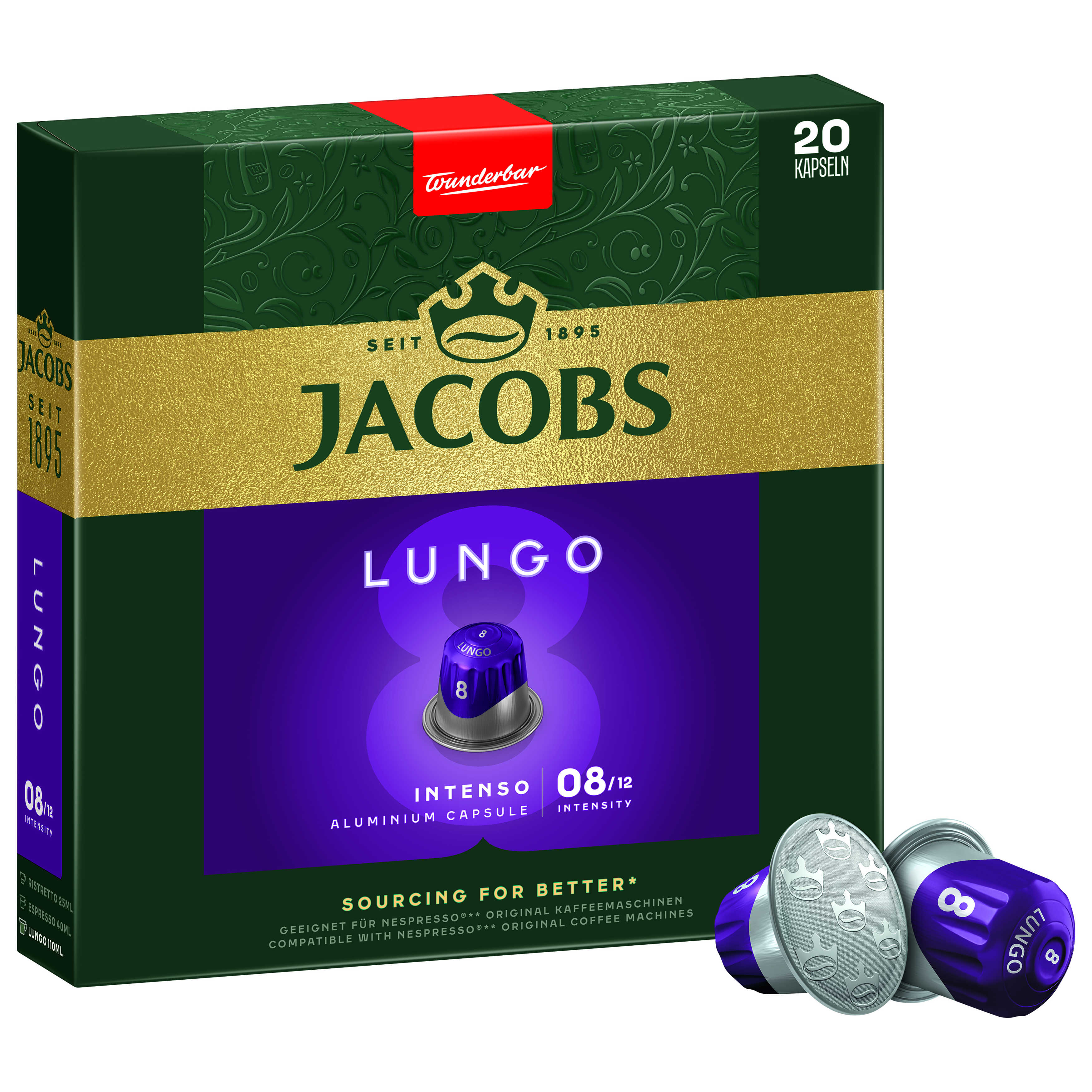 Eine Schachtel Jacobs Lungo Intenso Kaffeekapseln, mit dunkelgrünem und goldenem Design.