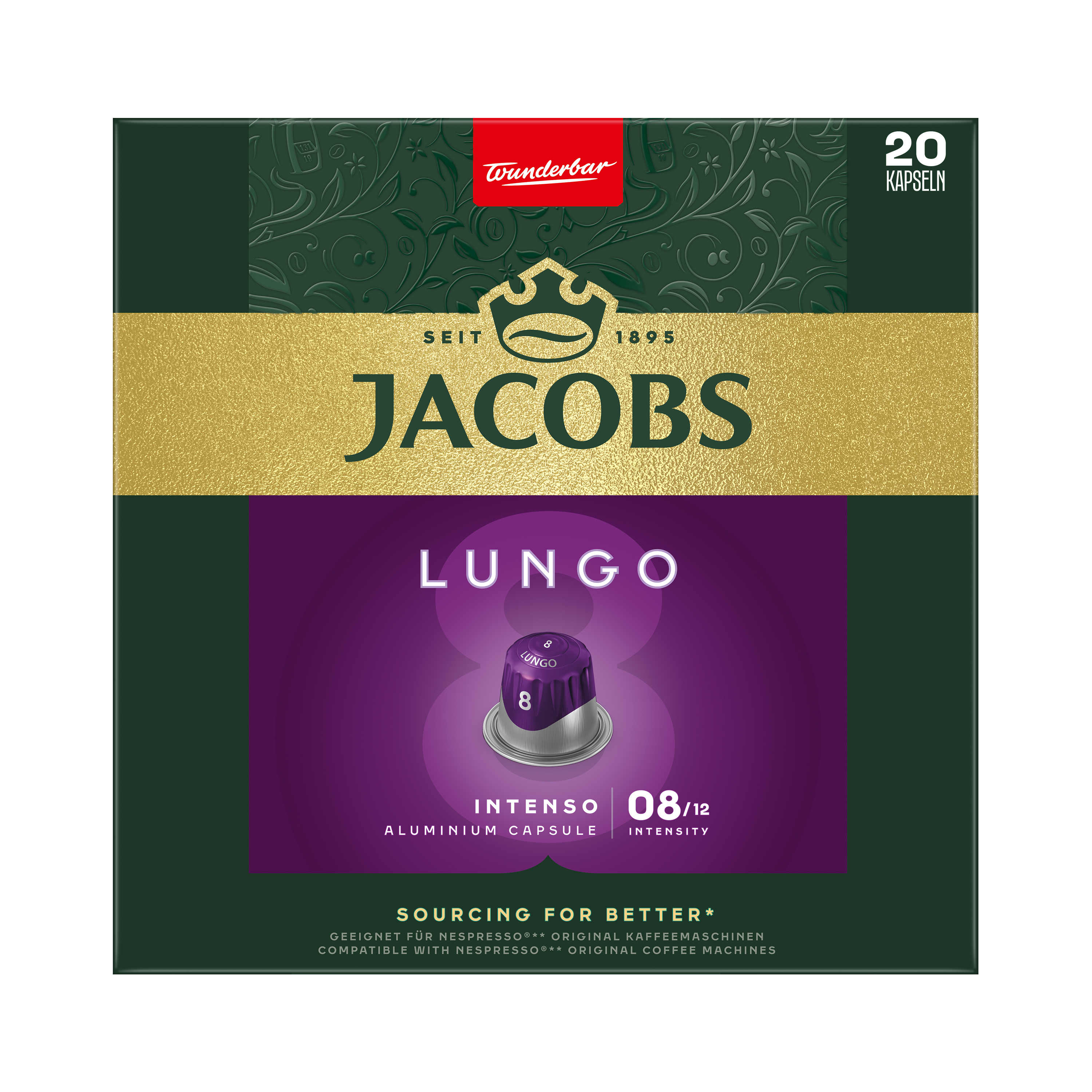 Jacobs Lungo Kaffeekapselbox. Enthält 20 Kapseln, mit der Option Intenso 8/12.