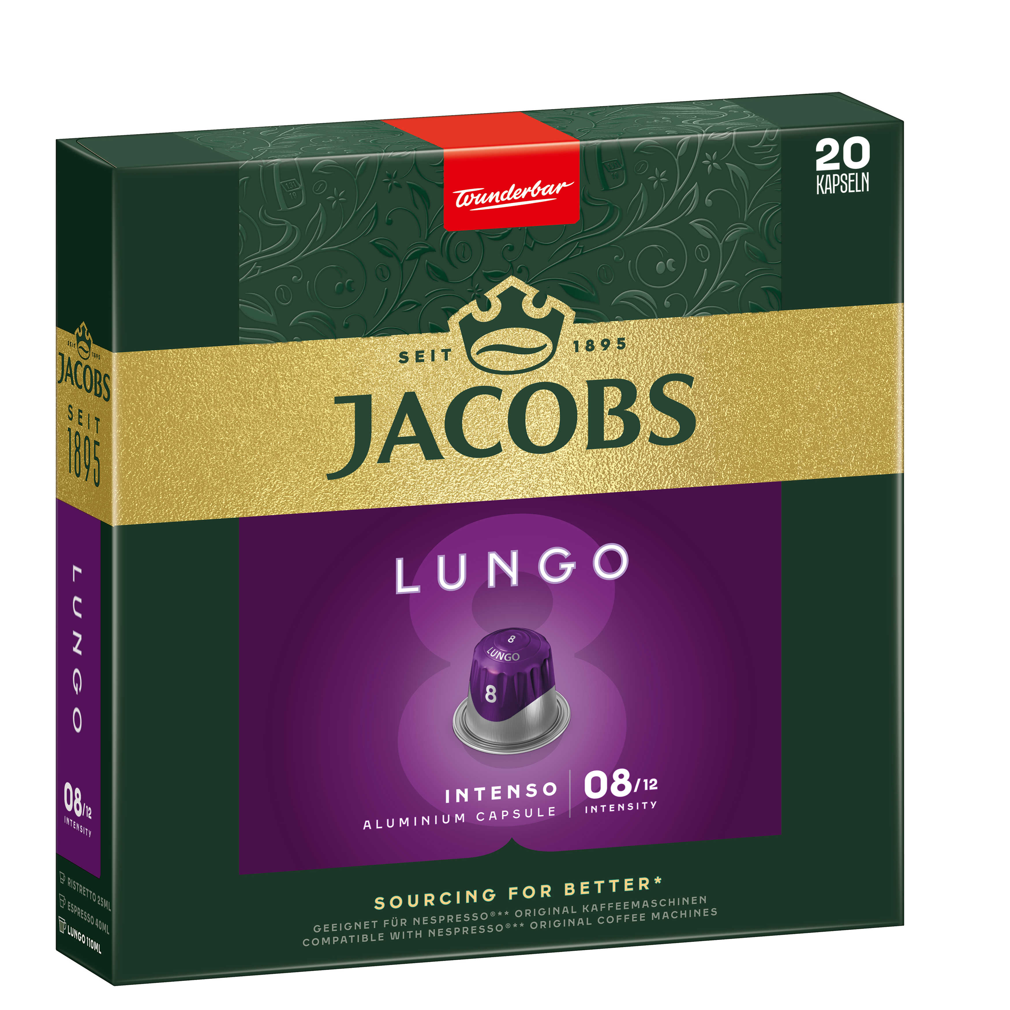 Jacobs Lungo Kaffeekapsel-Box. Grün-goldenes Design. Enthält 20 Kapseln. „Intenso 08/12“-Etikett.