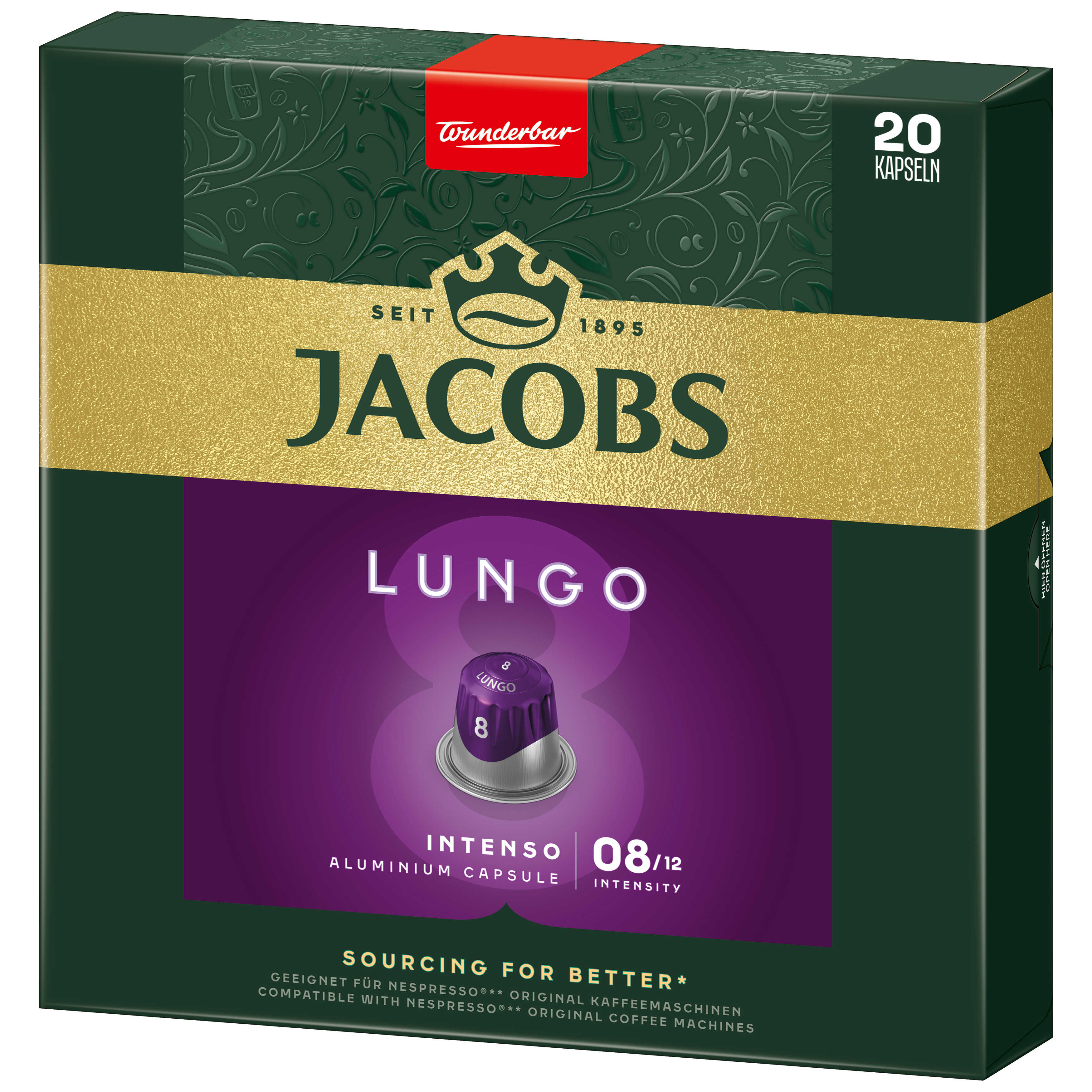 Eine Jacobs Kaffeekapselbox mit lila und goldfarbenem Design.