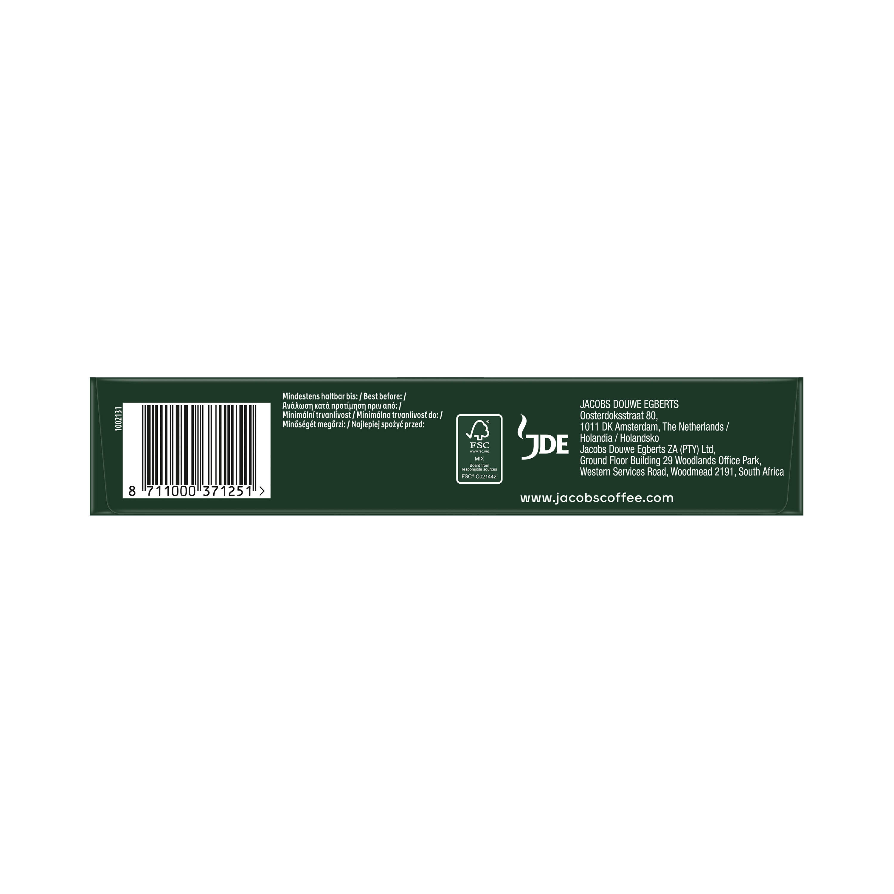 Grüne und weiße Jacobs Douwe Egberts Kaffeepackung. Hat einen Barcode und Firmeninformationen.