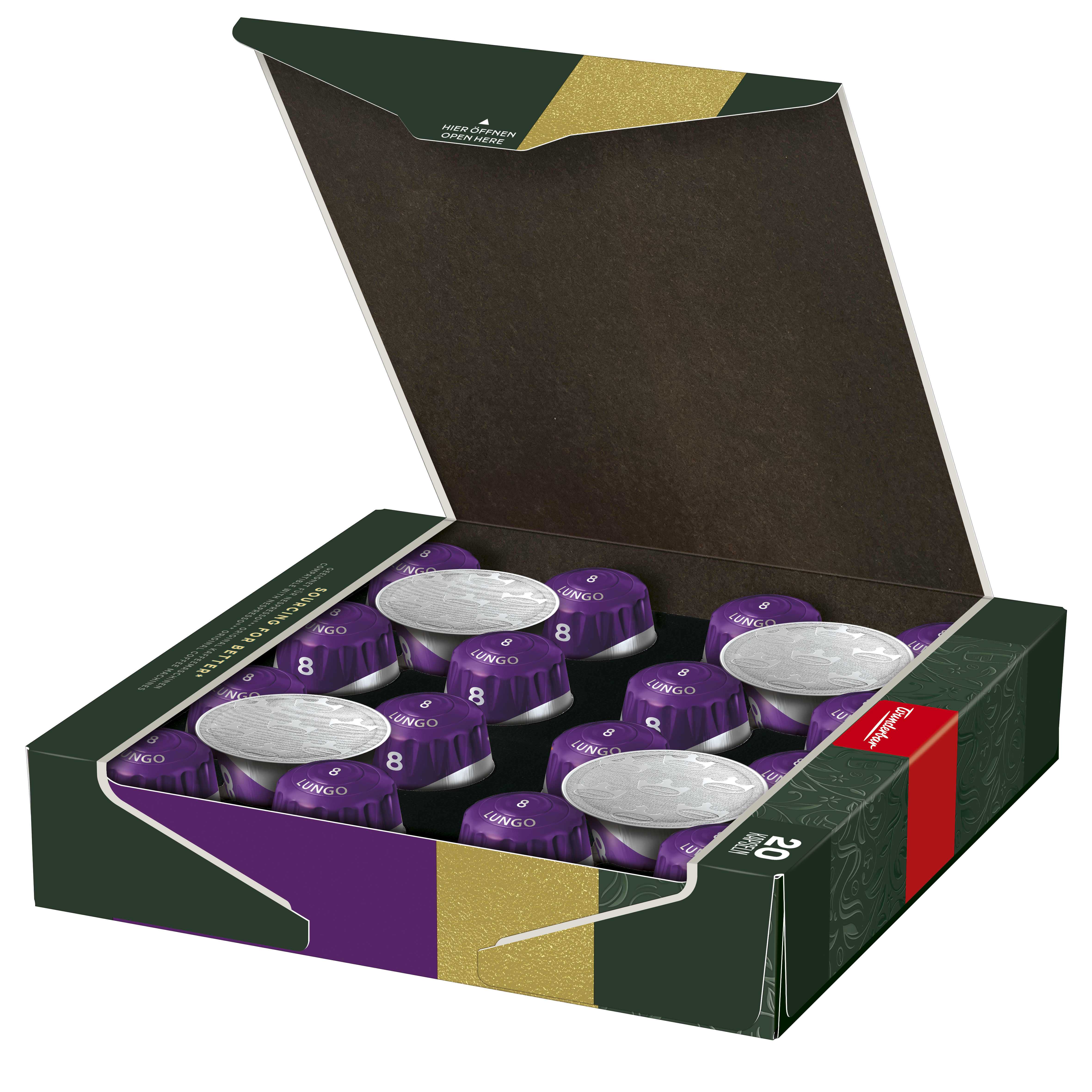 Kaffeekapselbox. Enthält violette Kapseln mit silbernen Deckeln. Die Box ist grün und dunkelbraun.