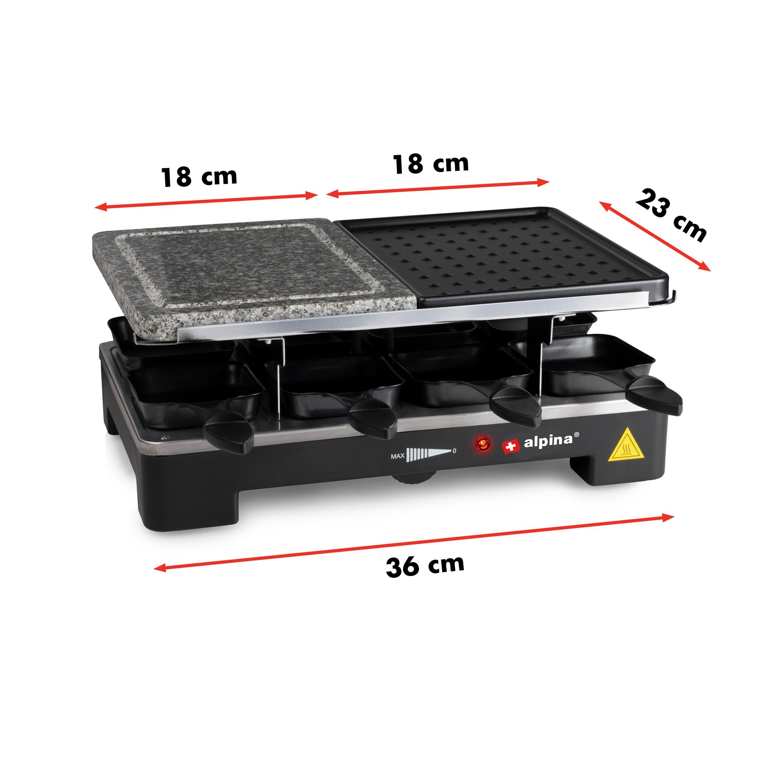 Ein schwarzer Raclette-Grill mit Abmessungen. Es hat zwei Kochflächen und ein Bedienfeld mit Messungen.