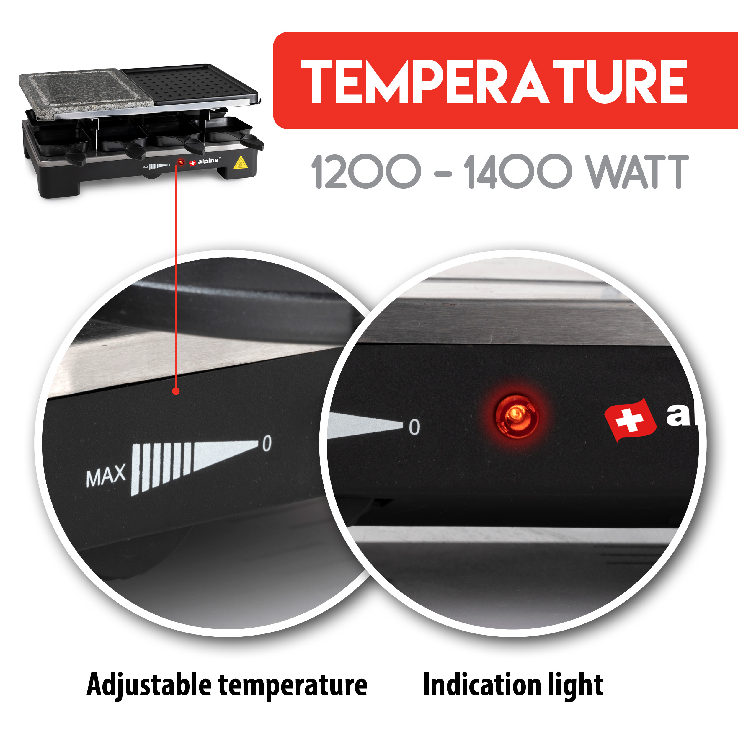Ein Raclette-Grill mit Text zur Temperatur und einer Anzeigeleuchte. Die Temperatur ist einstellbar.