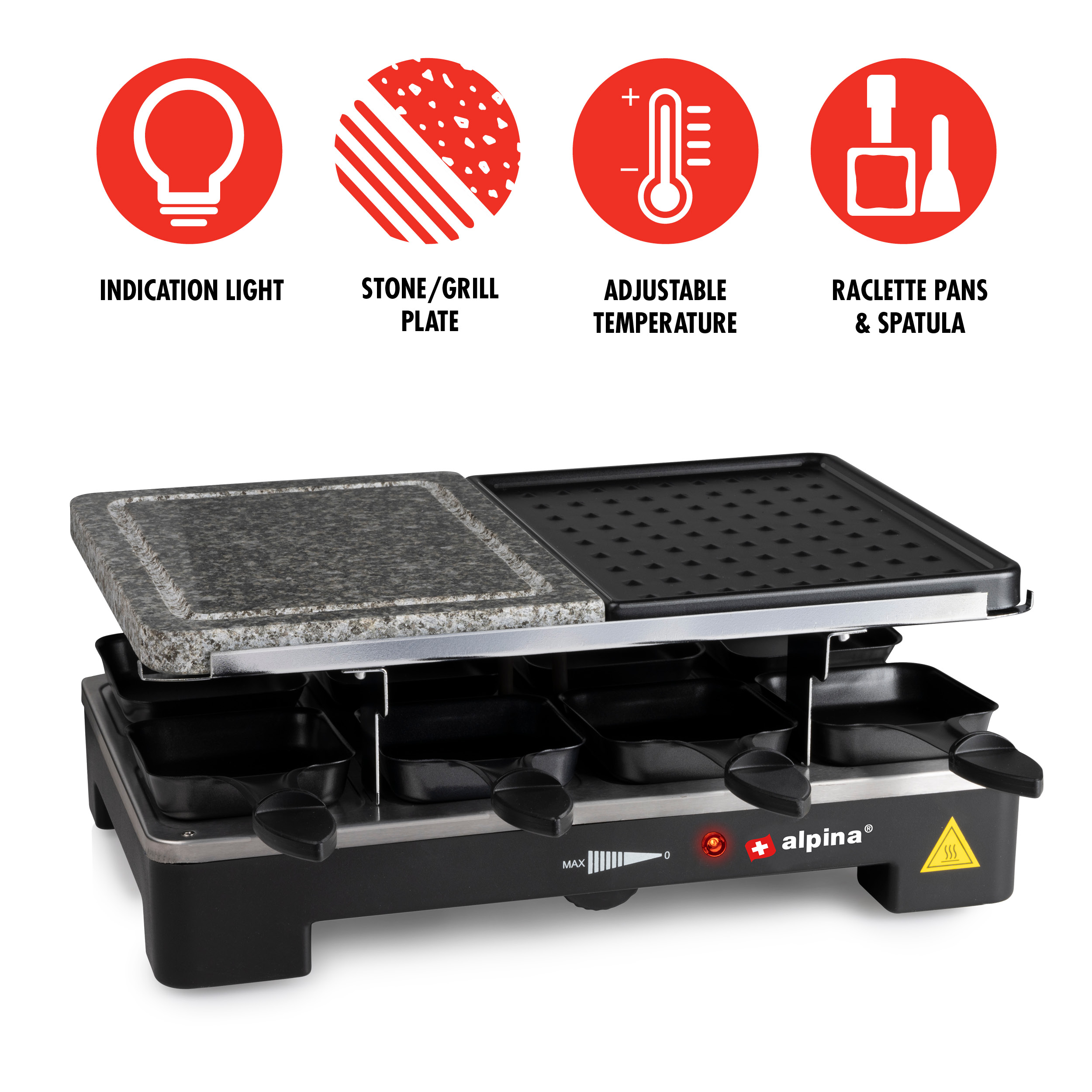 Raclette-Grill mit Stein-/Grillplatte, einstellbarer Temperatur und Raclette-Pfannen.