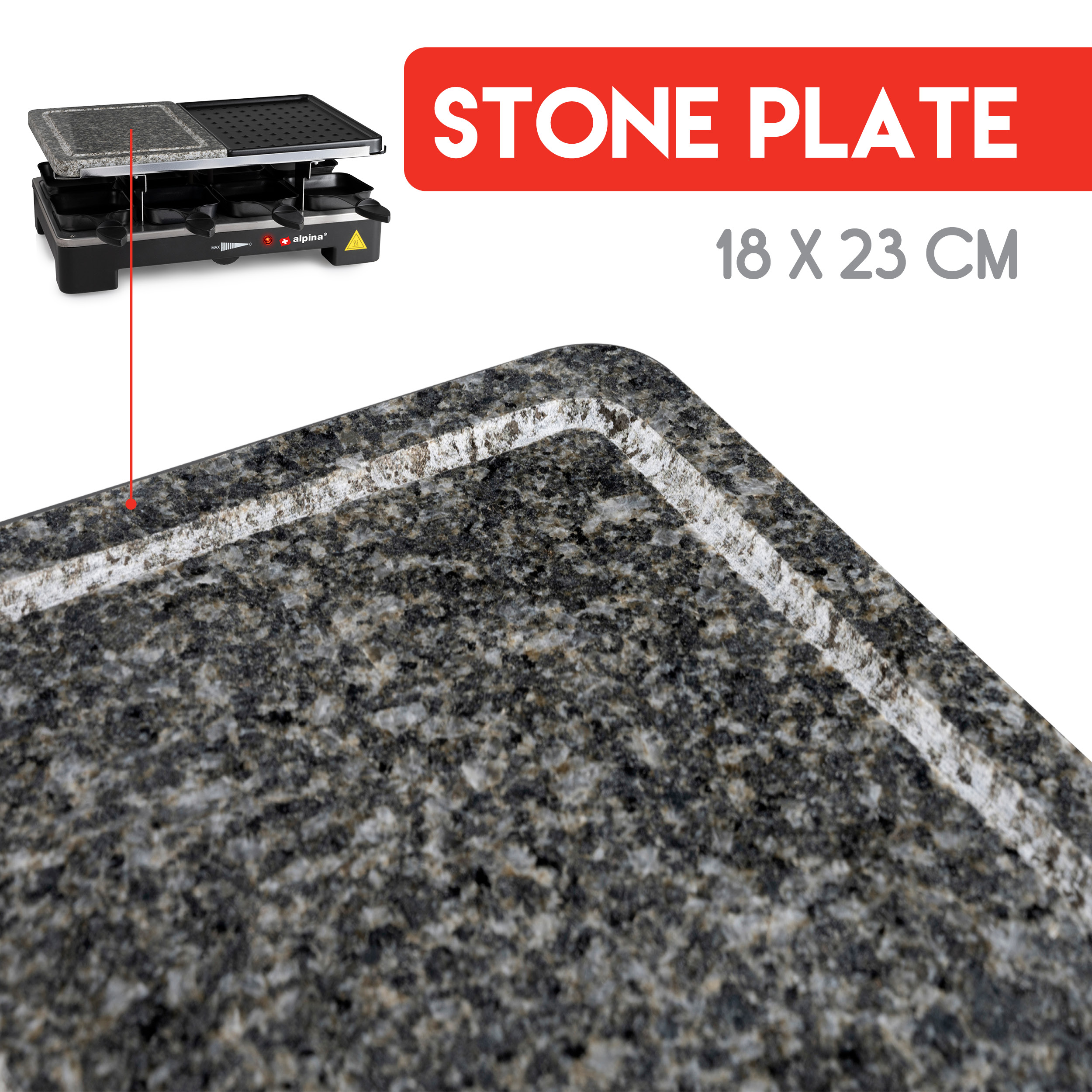 Eine Steinplatte mit Raclette-Grill im Hintergrund. Text lautet 'STONE PLATE' und '18 X 23 CM'.