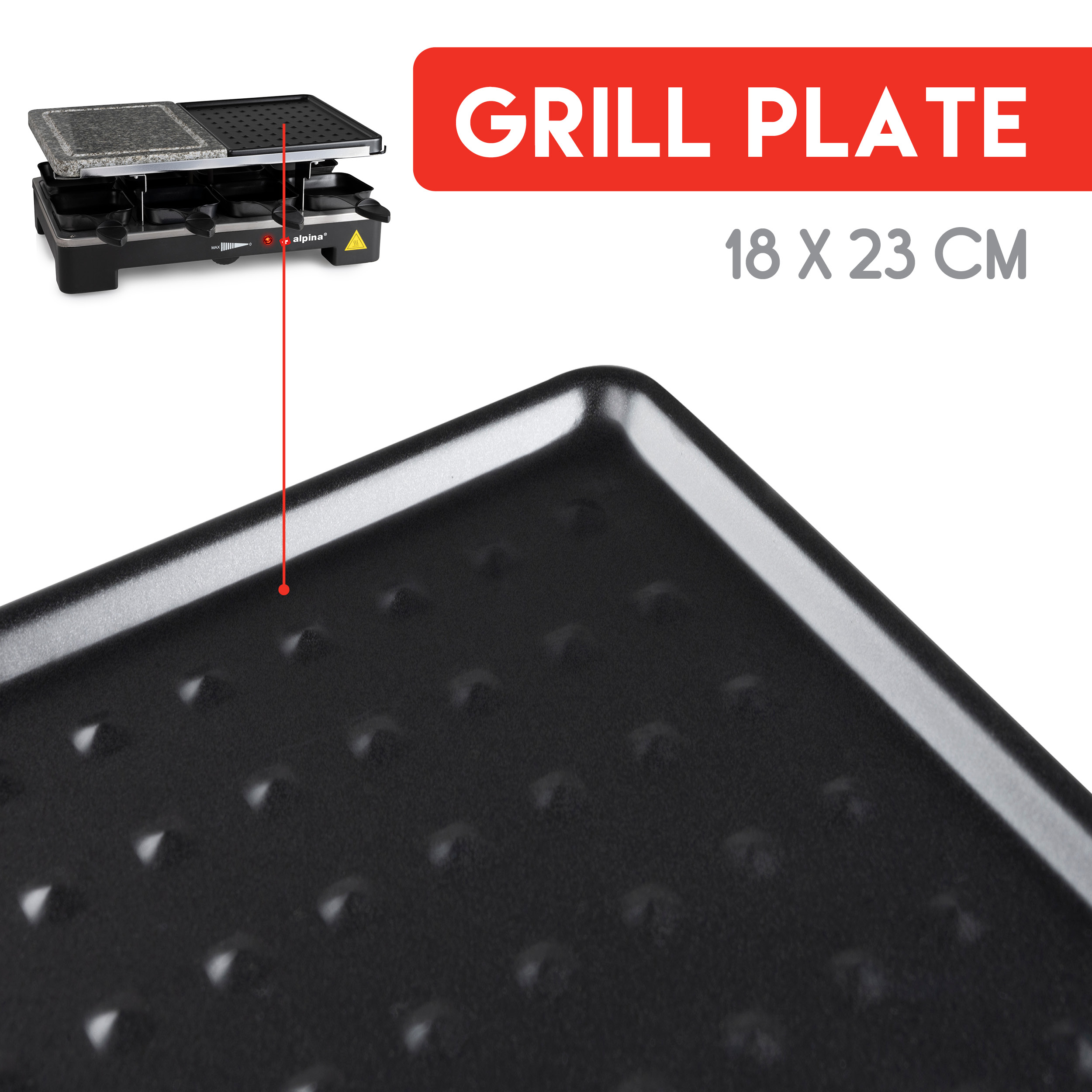 Nahaufnahme einer schwarzen Grillplatte mit Vertiefungen und einer Raclette-Maschine in der Ecke.