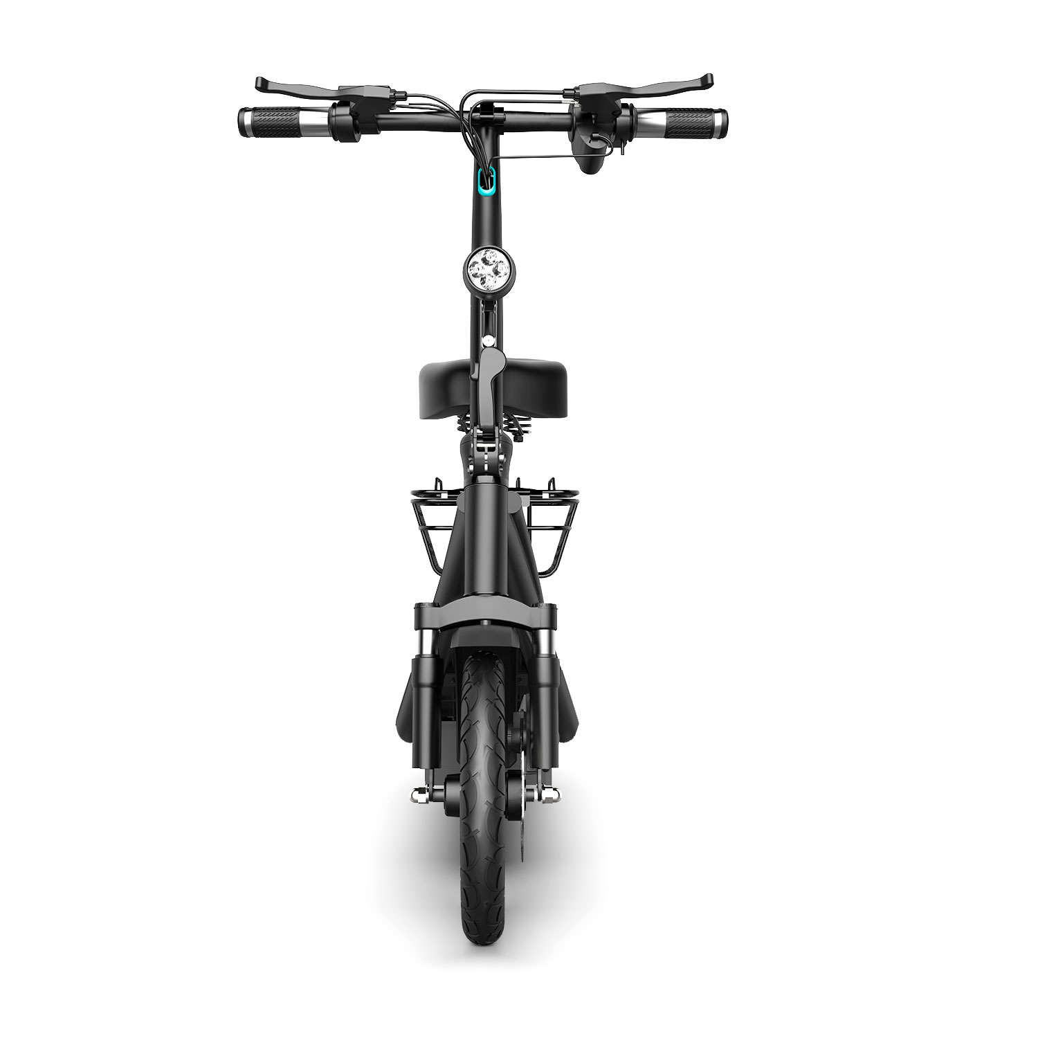 Scooter elettrico nero, vista frontale. Ha un sedile e un cestino. Isolato su sfondo bianco.