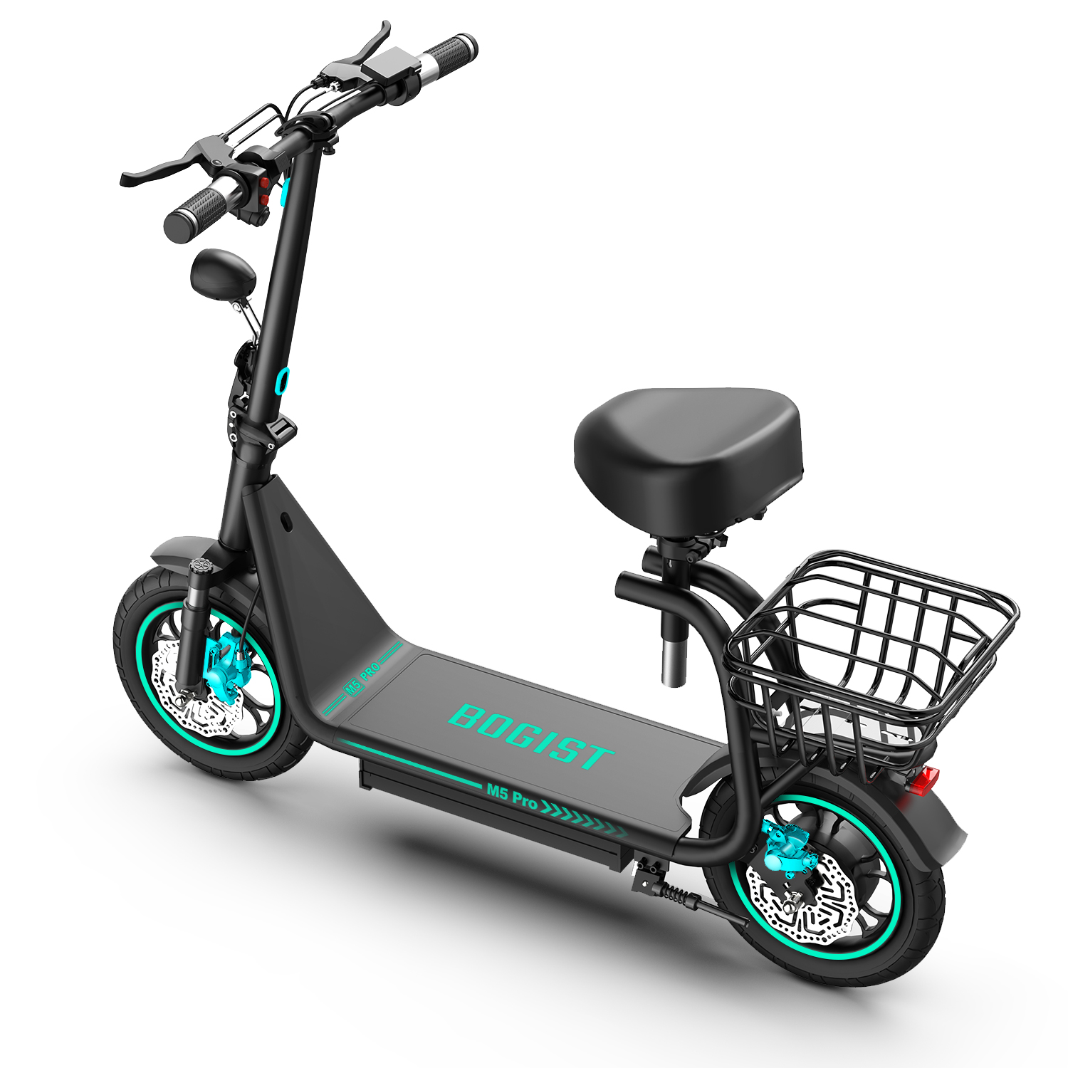 Scooter elettrico nero con dettagli turchese, sella e cestino, su sfondo bianco.