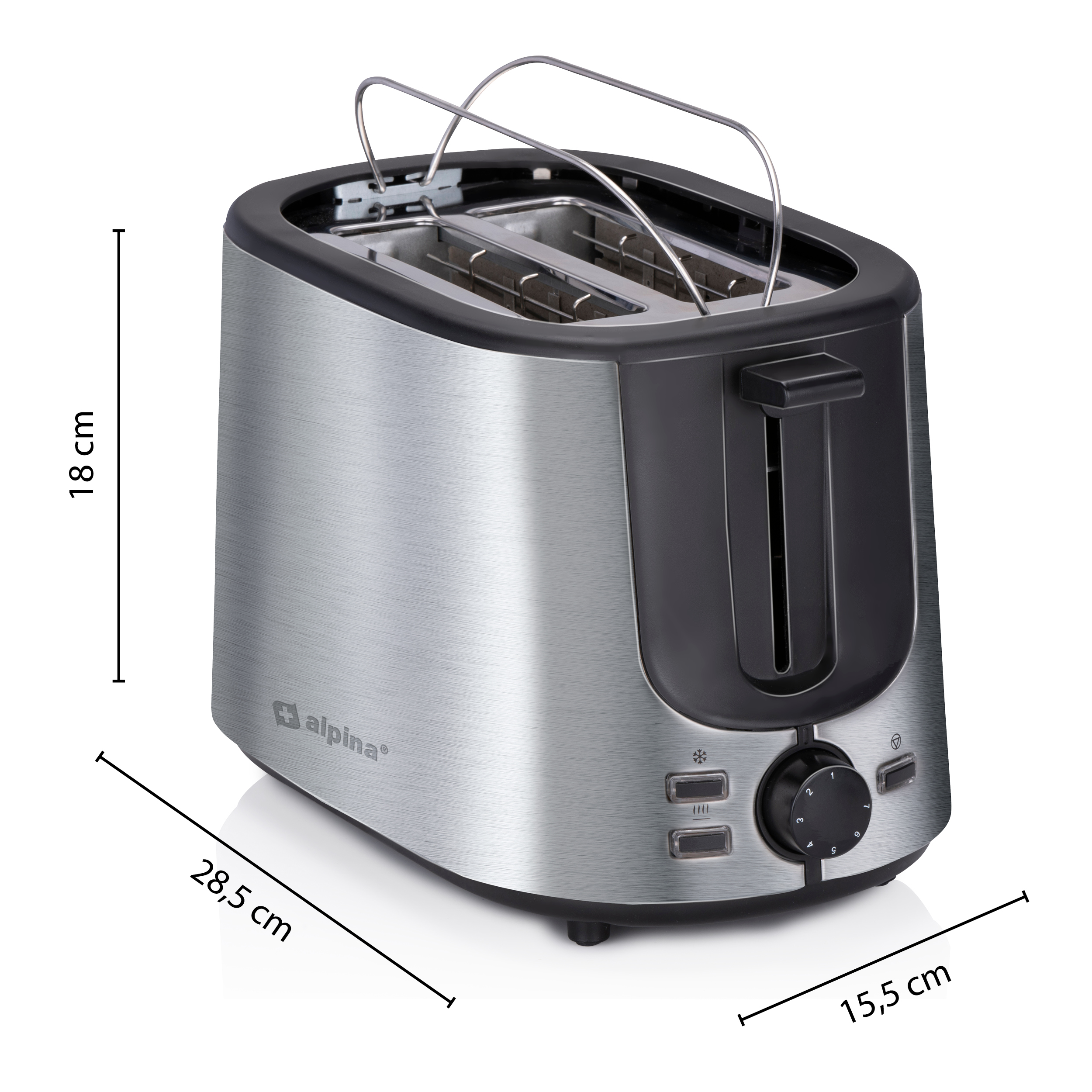 Silver toaster with black accents. Dimensions are provided. Features two slots and a knob.