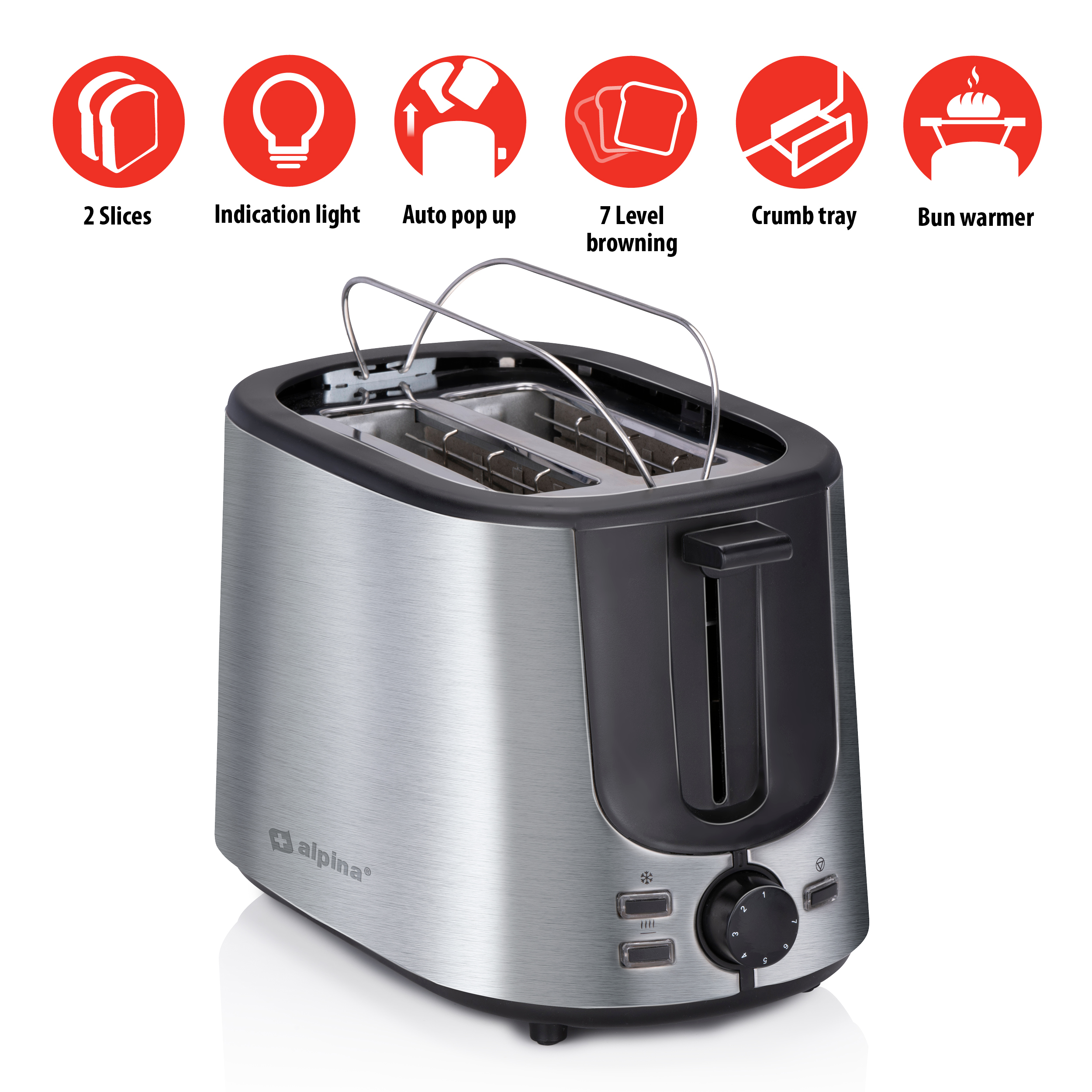 A silver toaster with icons showing toast features.