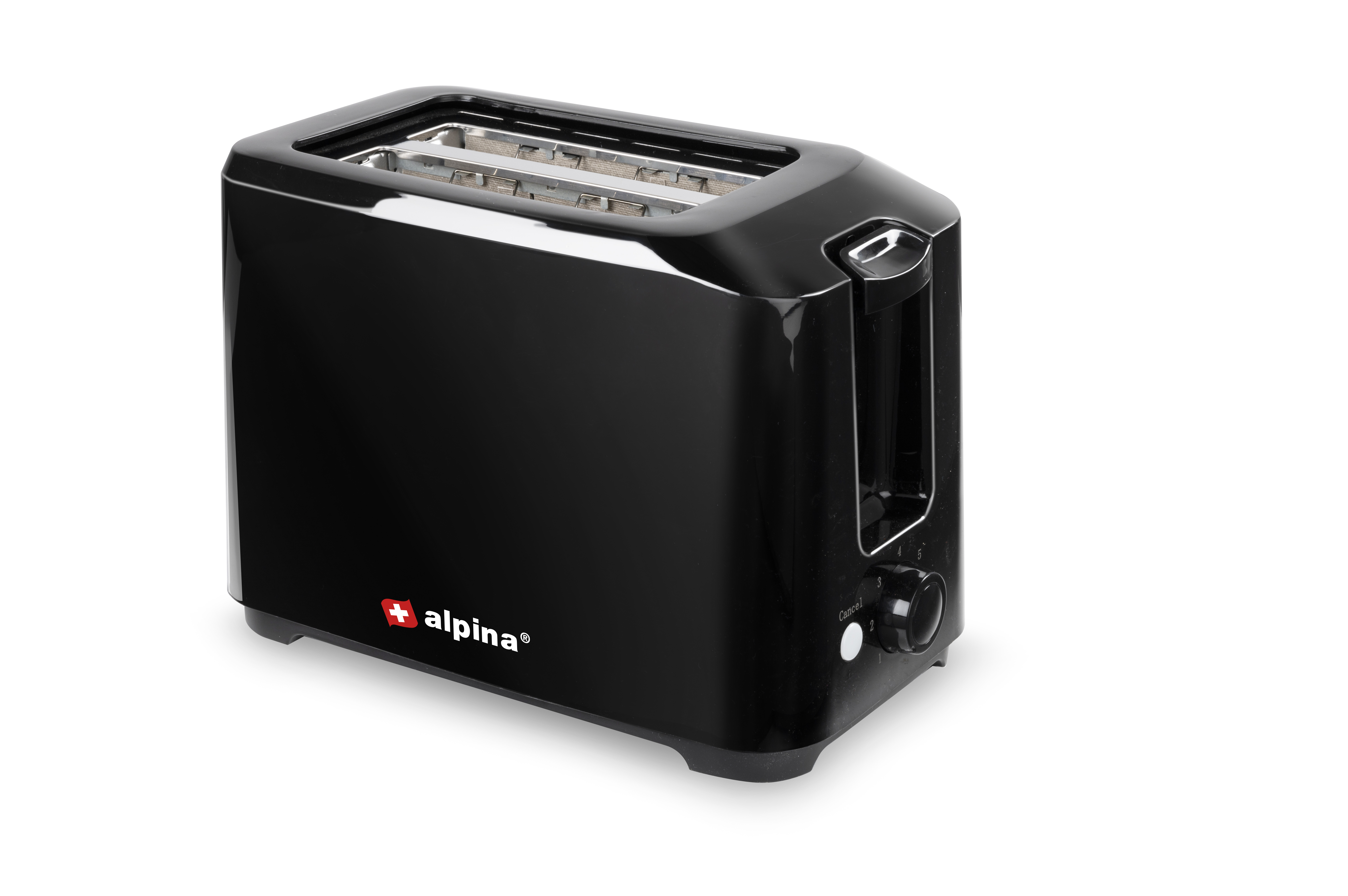 Black toaster with two slots, a control dial, and the Alpina logo. White background.