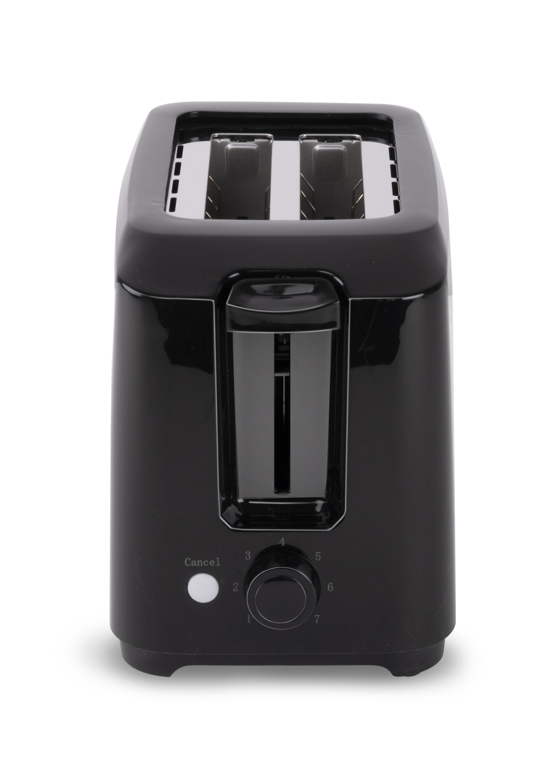 Black toaster with a central slot, a dial, and a cancel button on a white background.