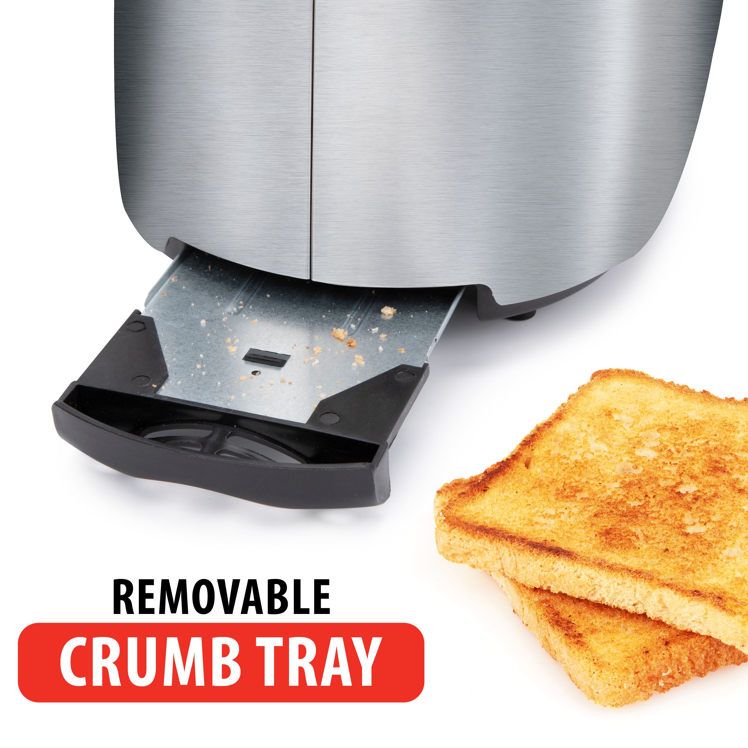 Toaster with the crumb tray pulled out and two pieces of toast on a white background.