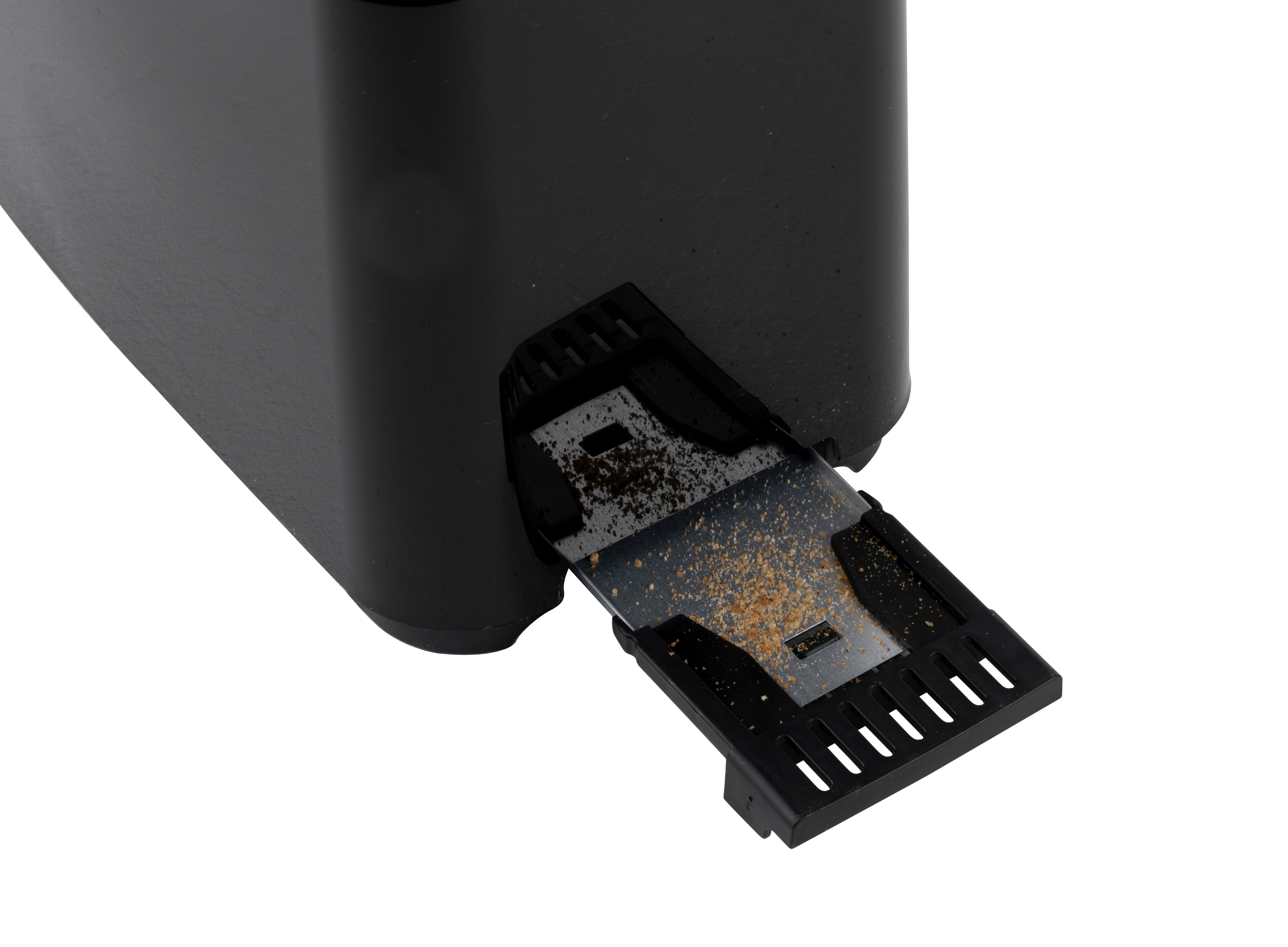 Black toaster with a crumb tray partially extended, showing crumbs. White background.