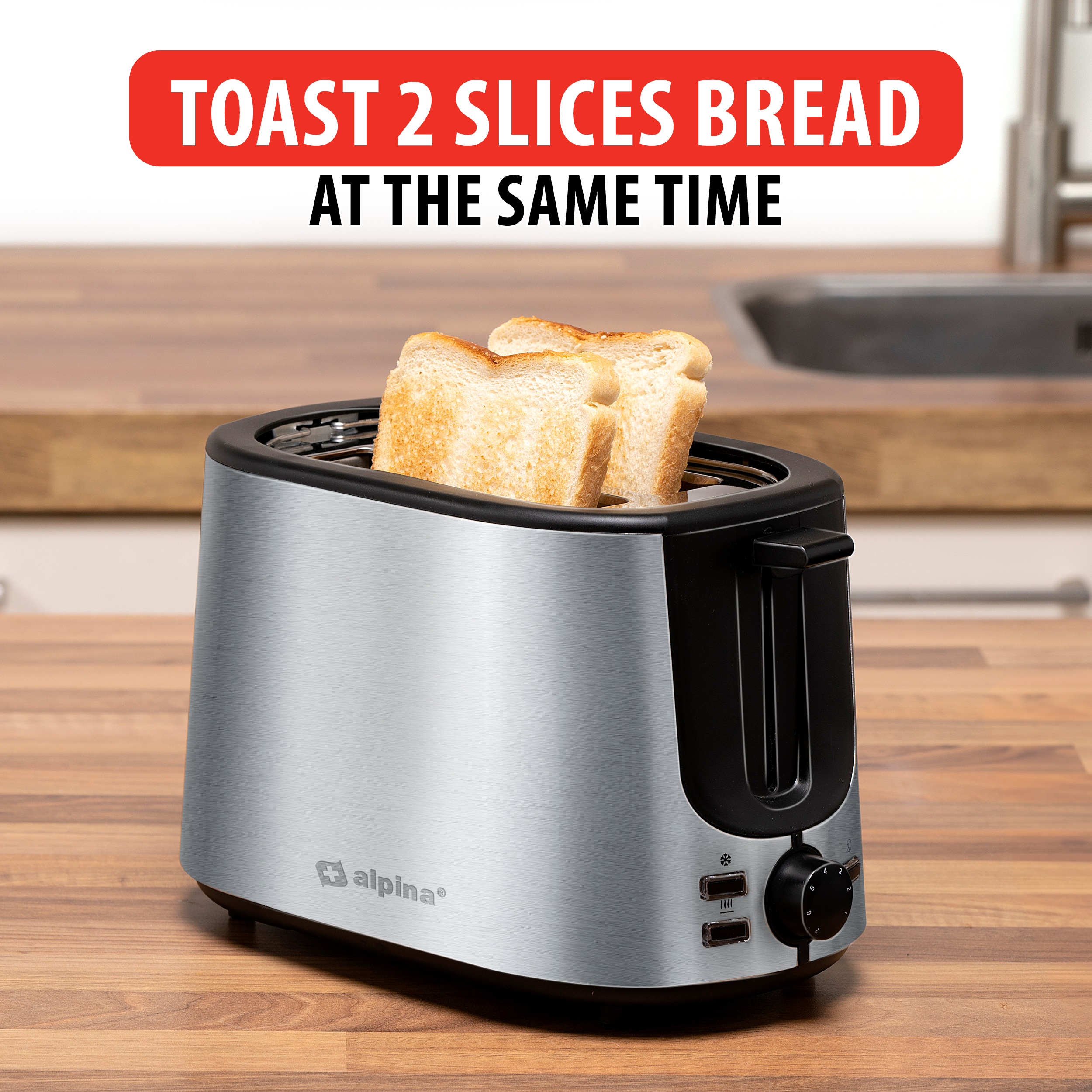 Silver toaster with two slices of toast. Red banner says: TOAST 2 SLICES BREAD AT THE SAME TIME.