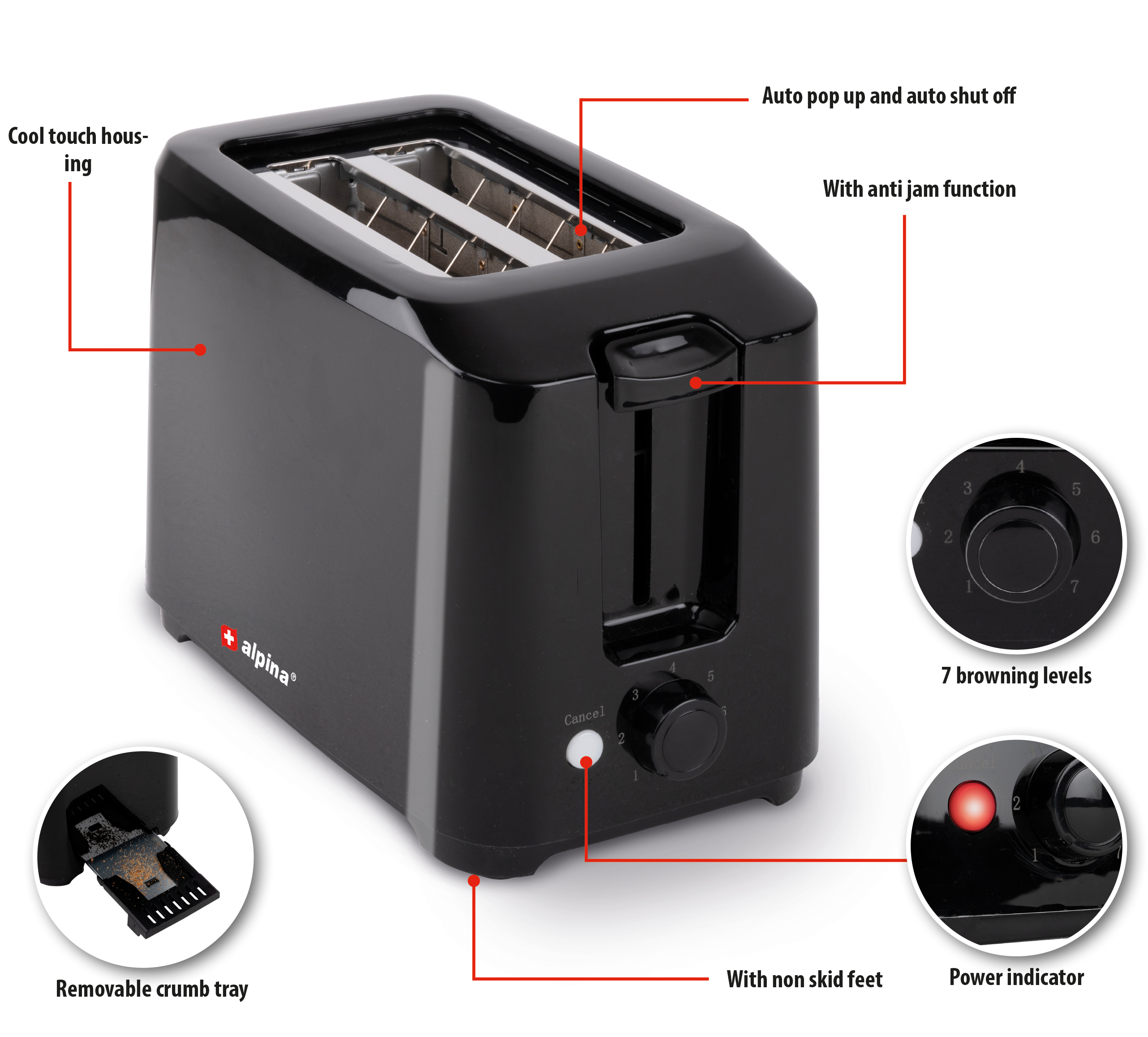 Black toaster with labels and features, including removable crumb tray.
