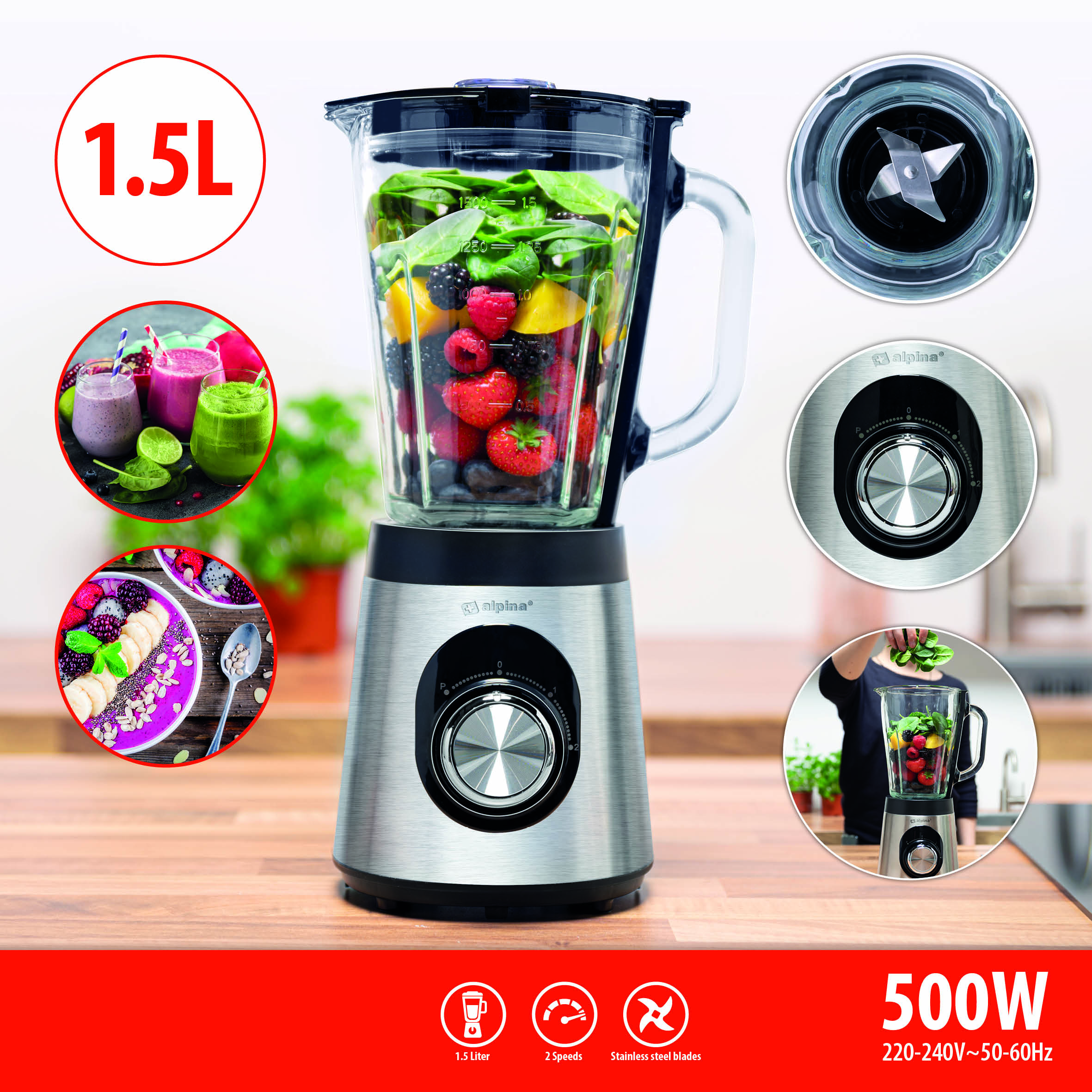 Frullatore con vari frutti e verdure all'interno, con scatti aggiuntivi.
