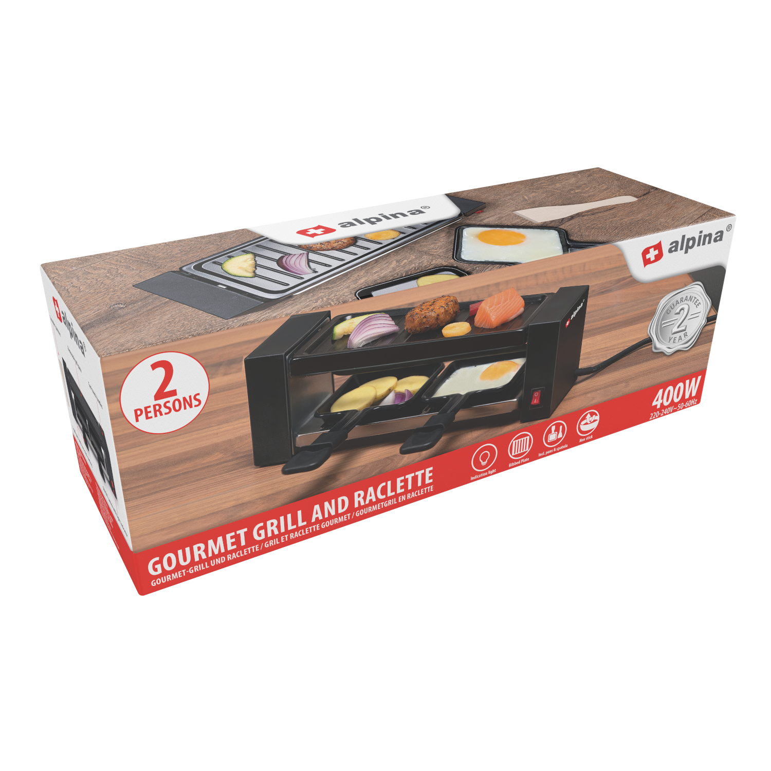Eine Schachtel für einen Gourmet-Grill und Raclette. Die Schachtel zeigt Essen auf dem Grill und Raclette.