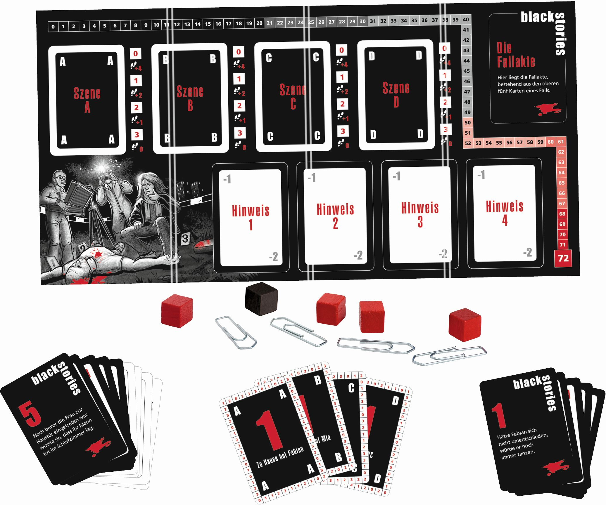 Brettspiel mit Karten, Würfeln und Spielsteinen auf einer Schwarz-Weiß-Illustration.