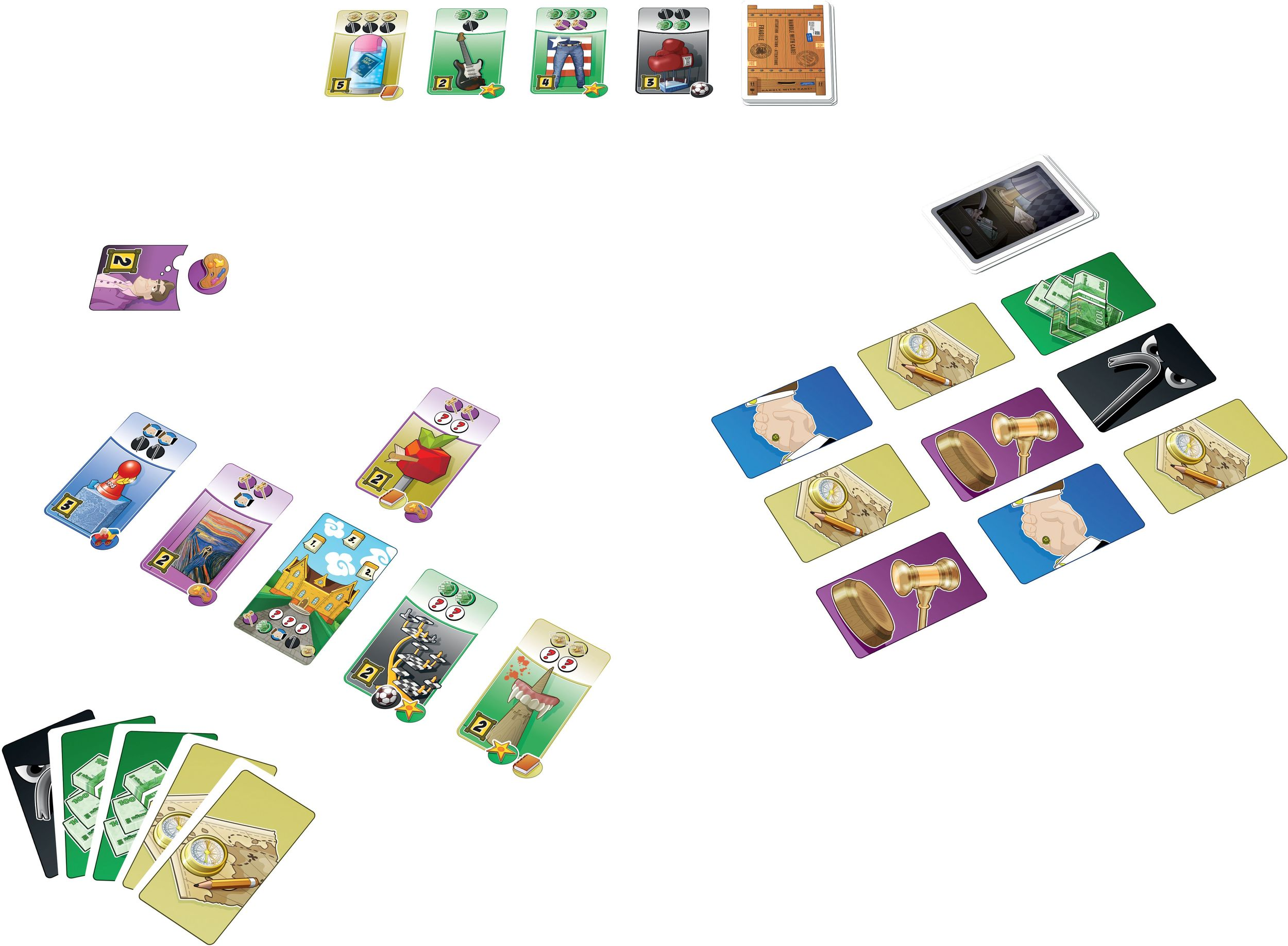 Ein Brettspiel-Layout. Verschiedene Spielkarten sind auf einer weißen Oberfläche verteilt.