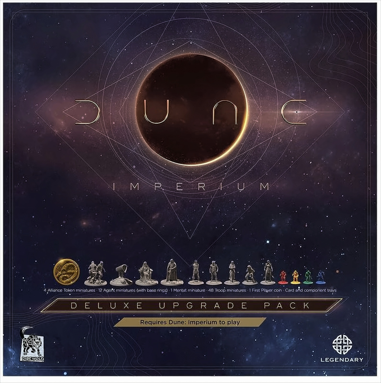 Brettspielbox und Spielsteine. Das Spiel ist Dune: Imperium.