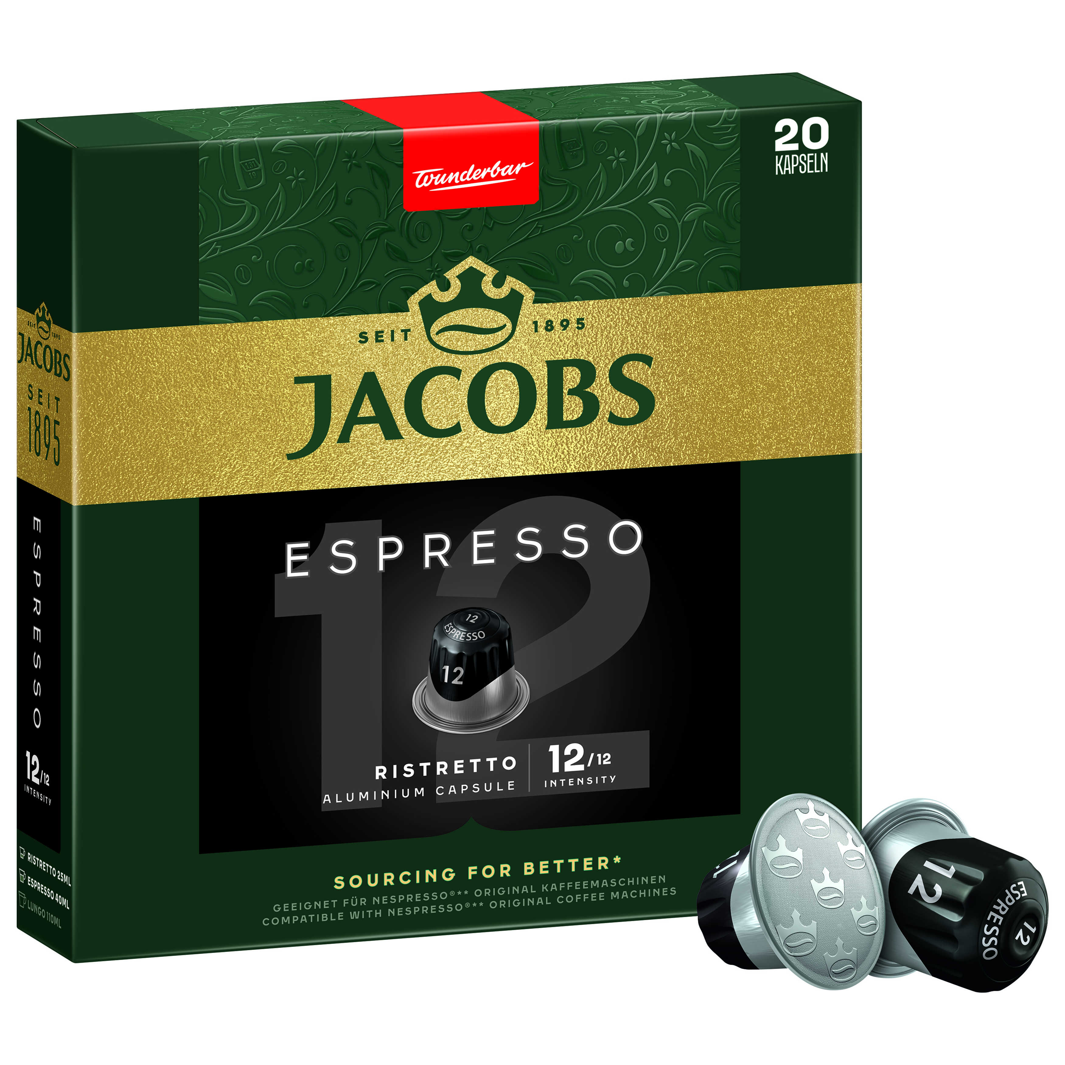 Schachtel mit Jacobs Espresso Kaffeekapseln, mit zusätzlichen Kapseln.