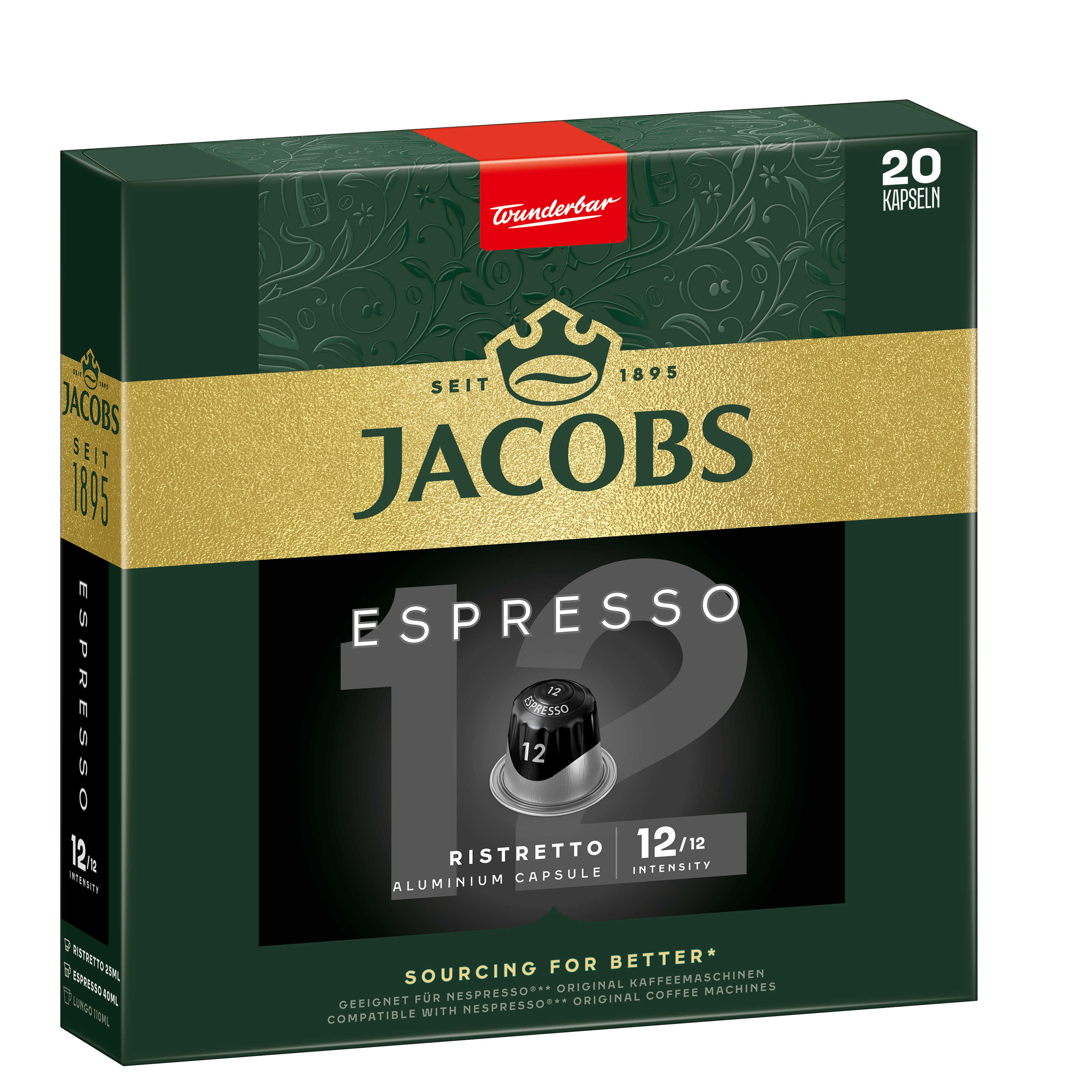 Jacobs Espresso Kaffeepackung mit 20 Kapseln. Grün, Gold und Rot.