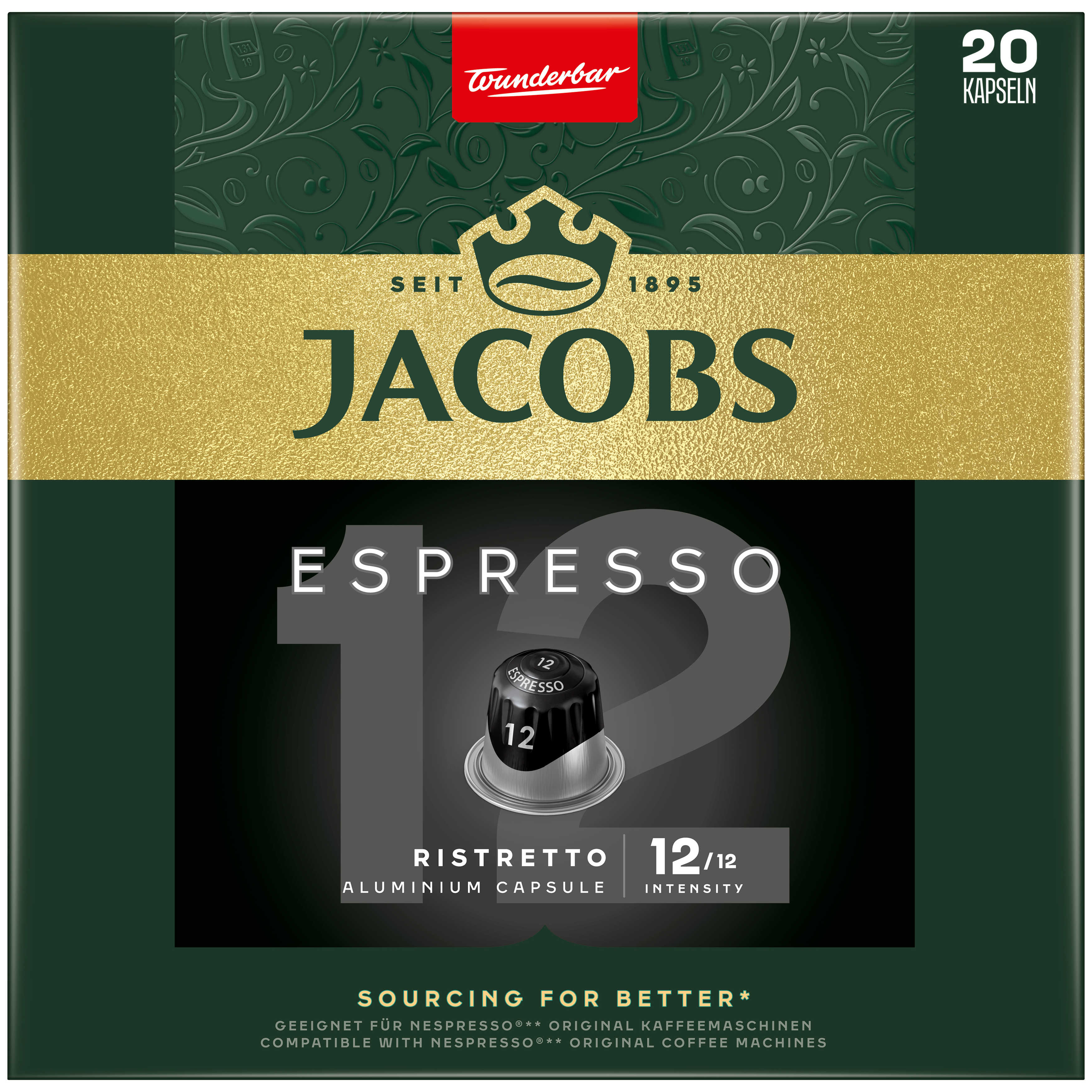 Jacobs Espresso 12 Kaffeekapseln Box. Grün-goldenes Design. Zeigt die Kapsel und die Intensität 12/12.