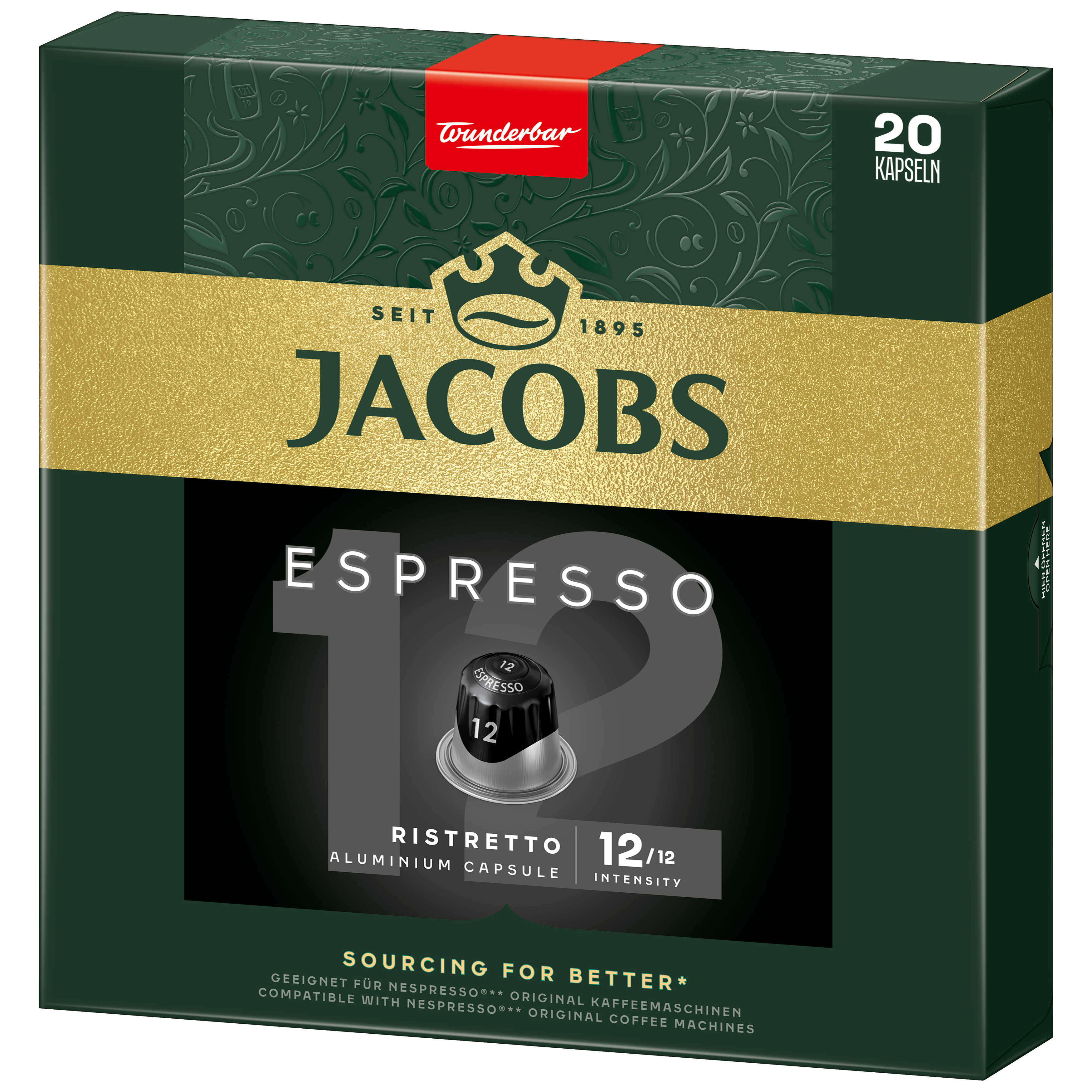 Jacobs Espresso 12 Kaffeekapseln Box mit Text, Gold und Grün.