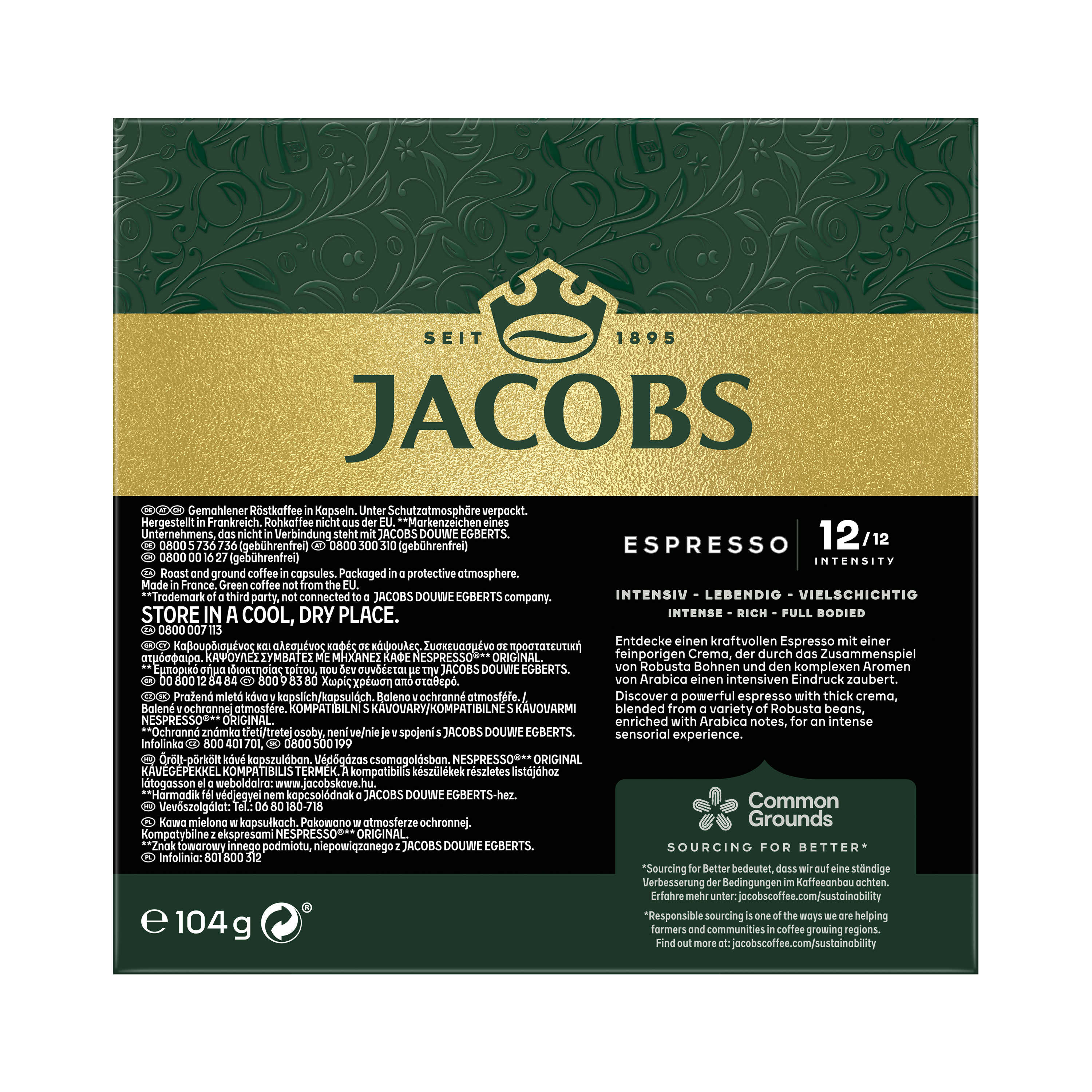 Jacobs Espresso-Kaffeeverpackung mit Text und Bildern auf weißem Hintergrund.
