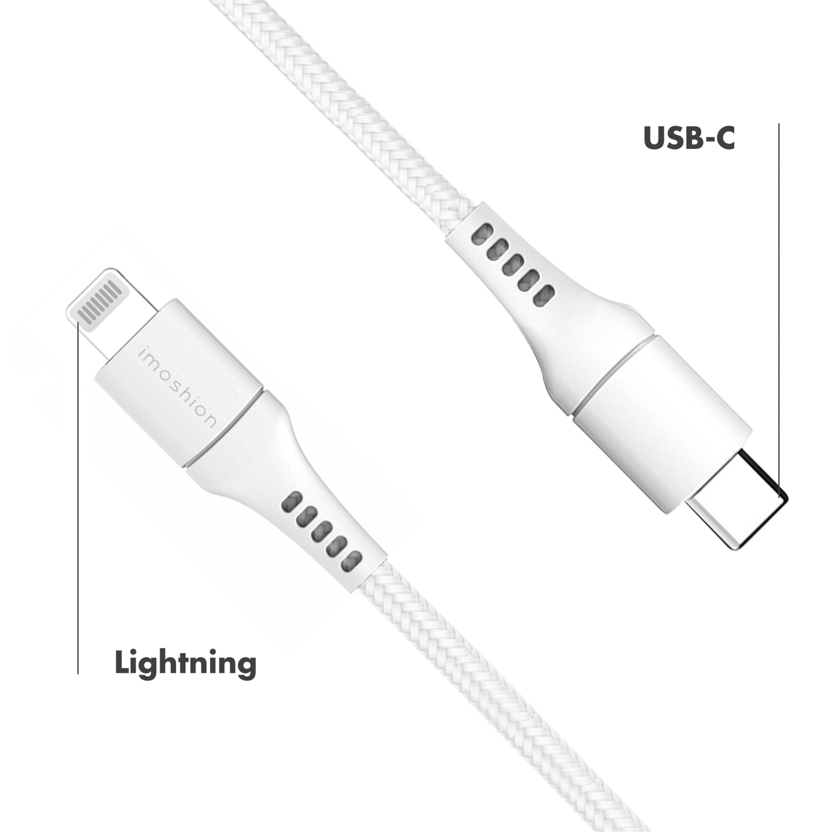 White lightning to USB-C charging cable, labeled, white background.