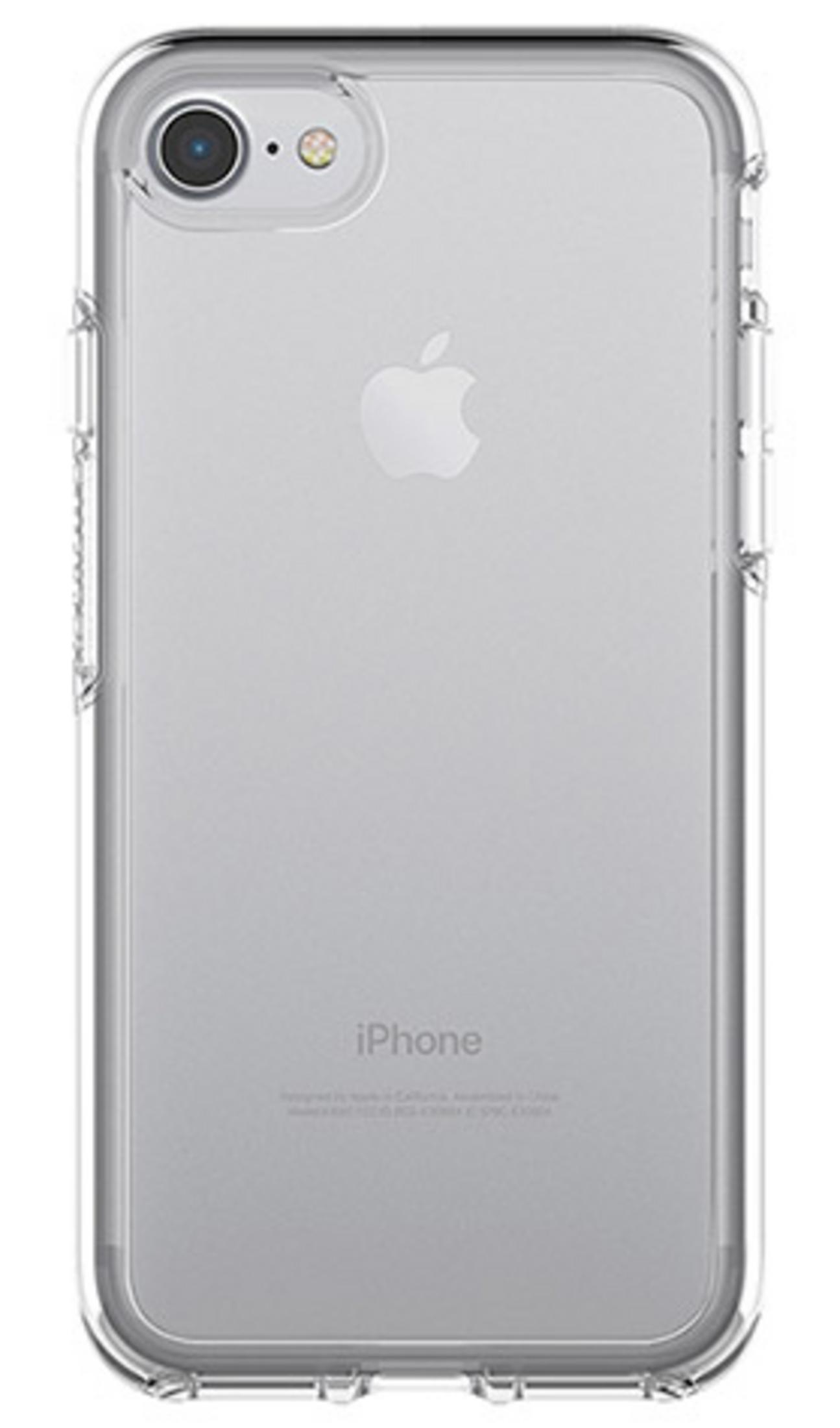 Transparente iPhone-Hülle. Die Rückseite des iPhones mit dem Apple-Logo und der iPhone-Bezeichnung ist sichtbar.