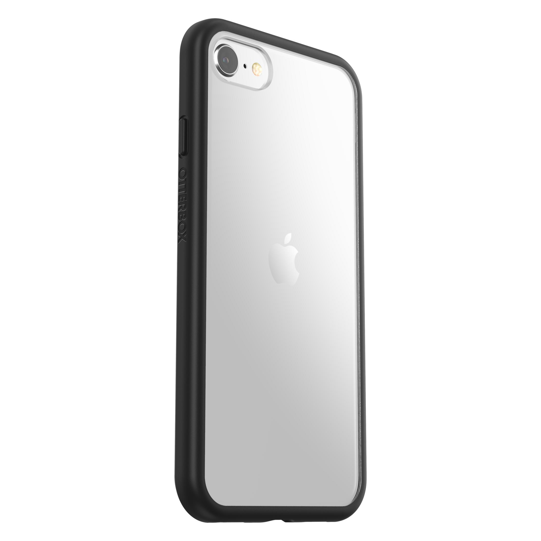 Un iPhone dans une coque Otterbox transparente, montrant le logo Apple au dos.