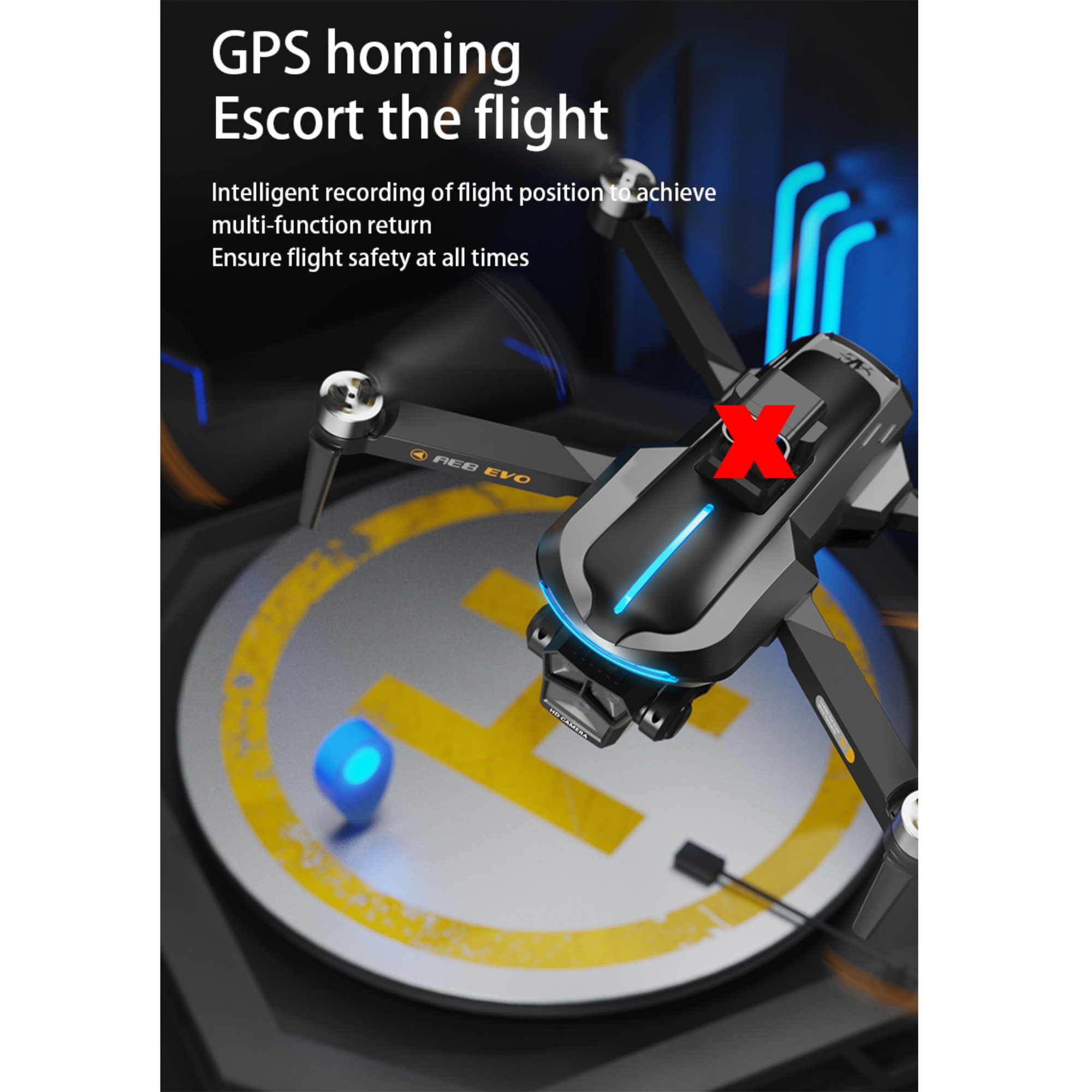 Drohne auf Plattform. Text: GPS-Homing, begleite den Flug. Rotes X auf Drohne.