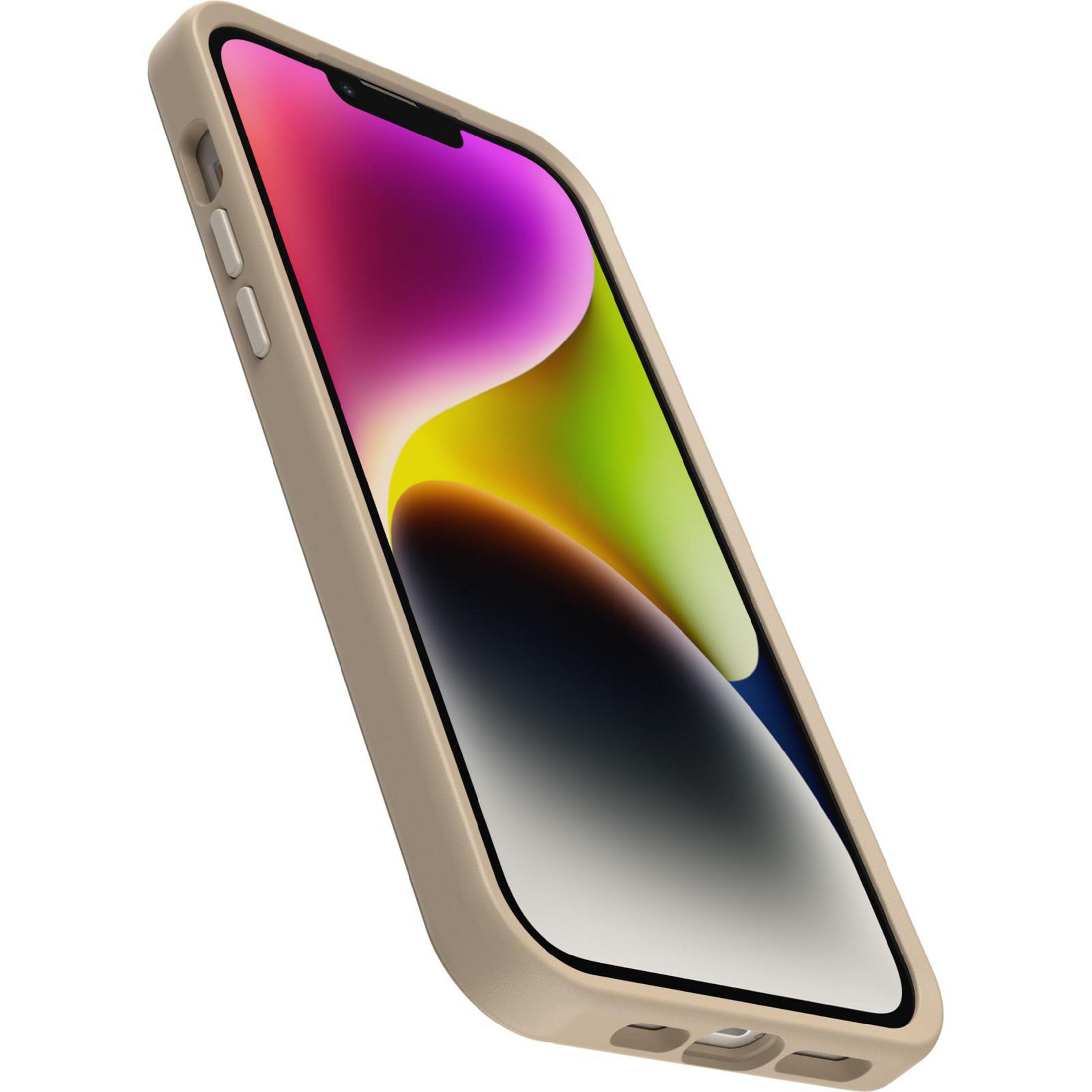 Beige Handyhülle auf einem Handy mit farbenfrohem Bildschirm. Weißer Hintergrund. Abgewinkelte Ansicht.