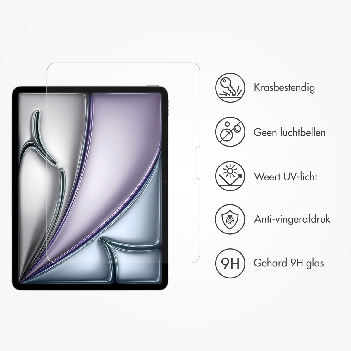 A tablet with a screen protector. Icons on the right explain features like anti-scratch.