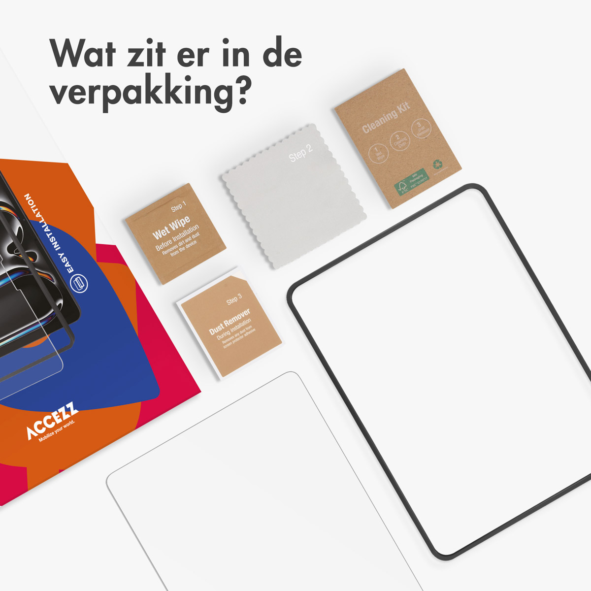 Kit di installazione per protezione schermo tablet. Include salviette, adesivi e protezione schermo. Sfondo bianco.