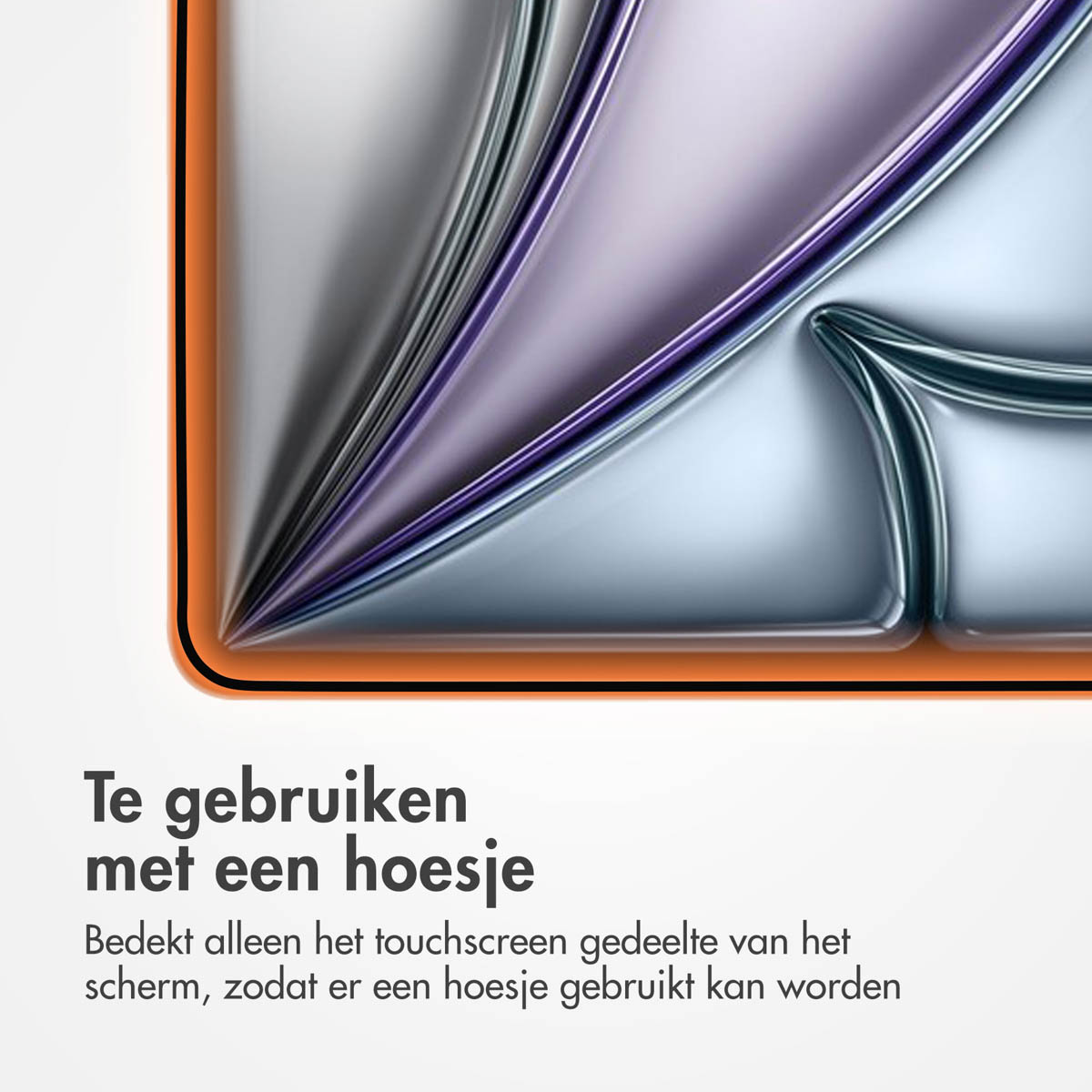 Tablet screen protector with orange frame. Text says the protector is for use with a case.